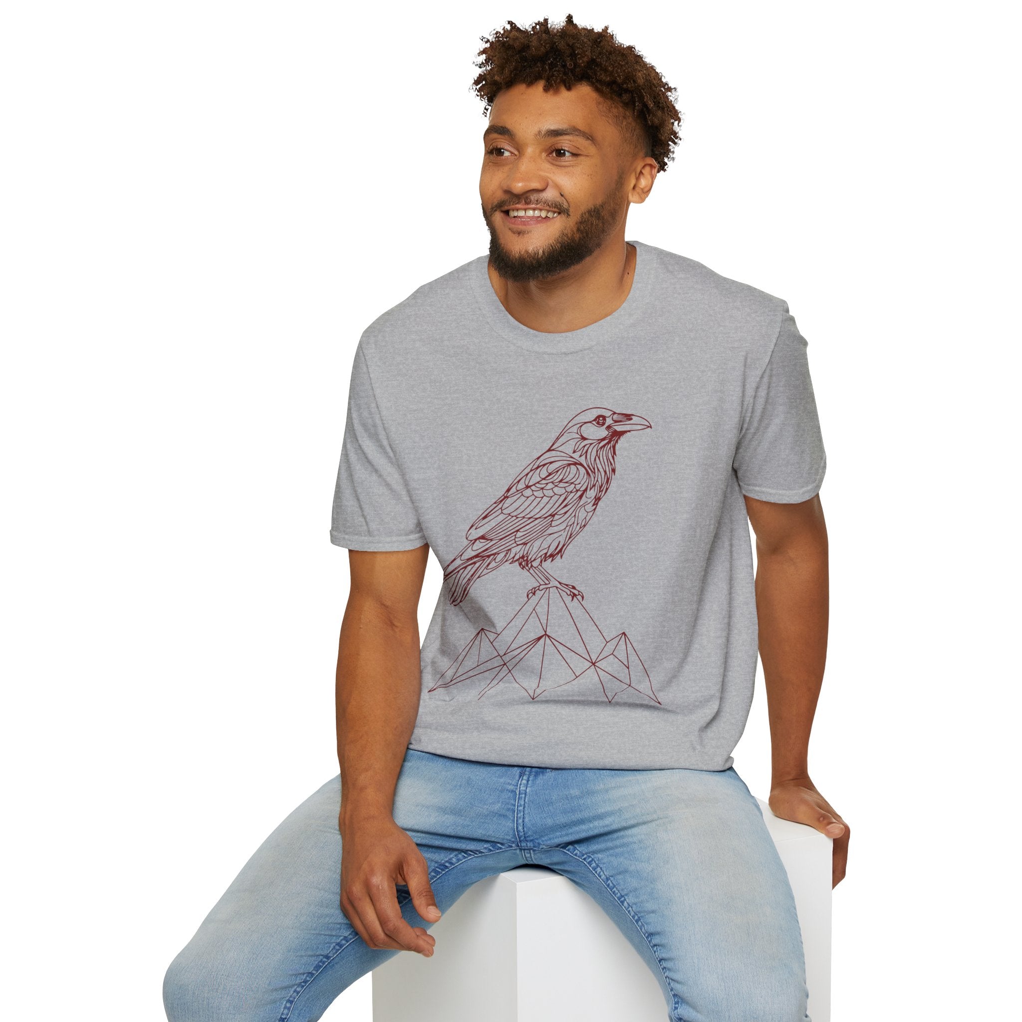 Raven Line Art T‑Shirt — Geometric Mountain Raven Sketch Tee