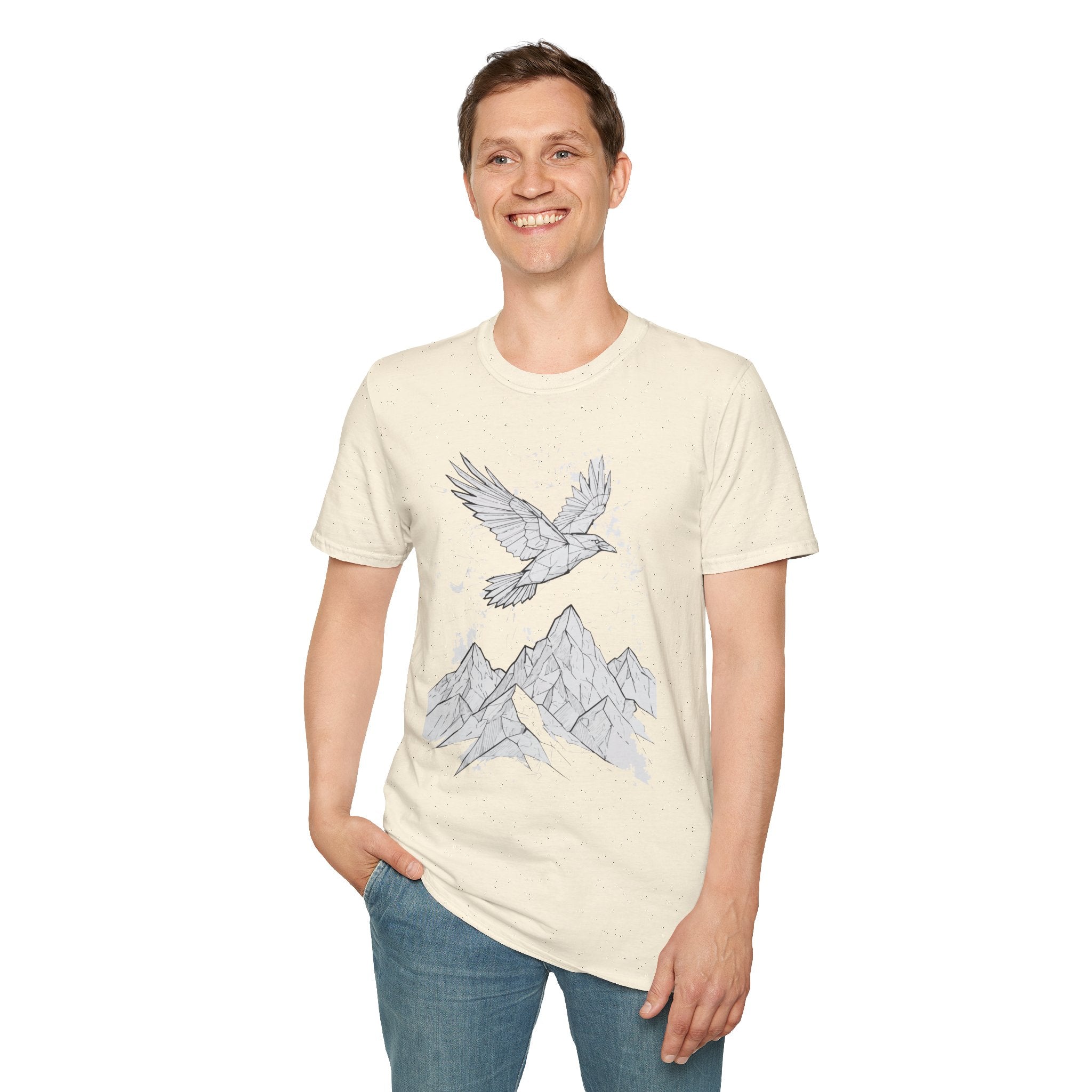 Mountain Raven Tee — Minimal Line Art Bird & Peaks Graphic T-Shirt