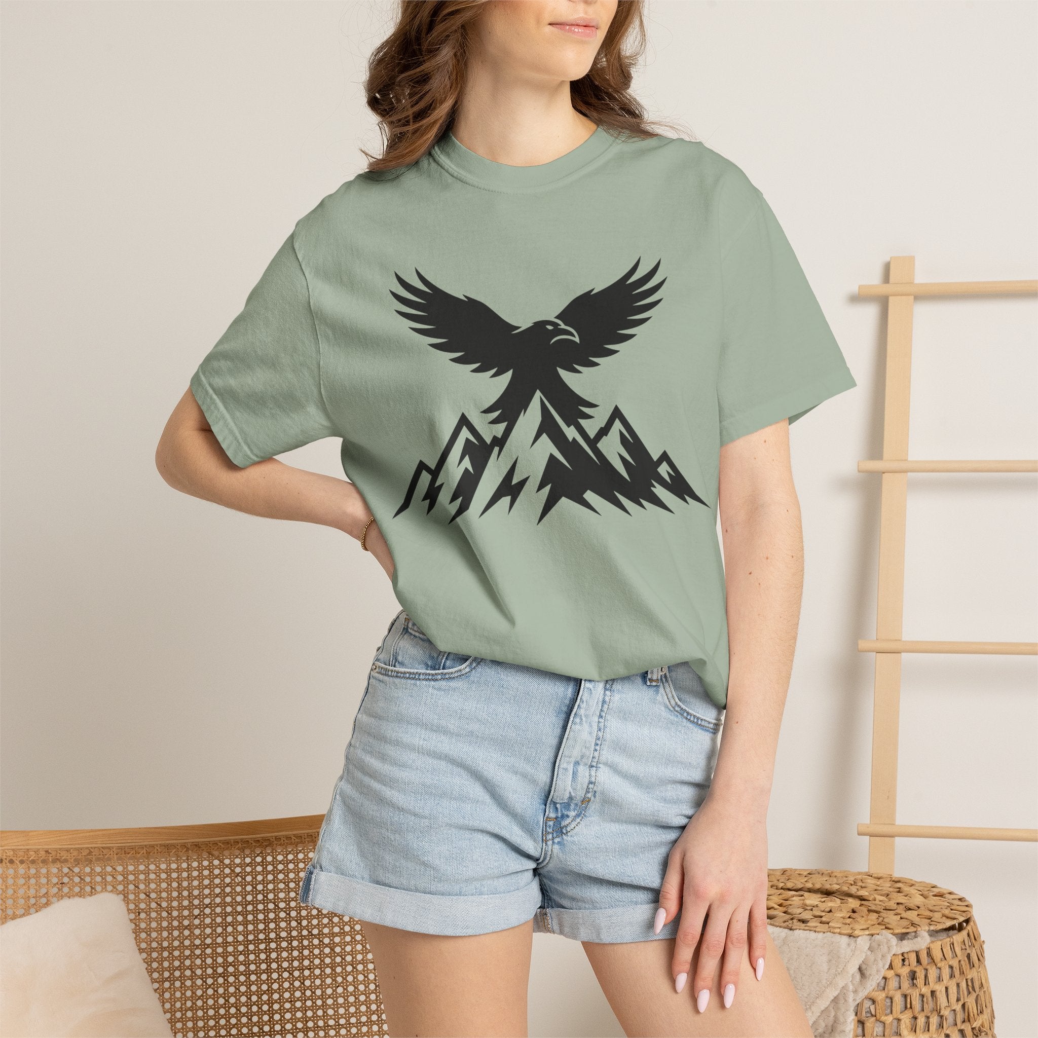 Ravens Summit Mountain T-Shirt — Eagle Over Peaks Graphic Tee Light