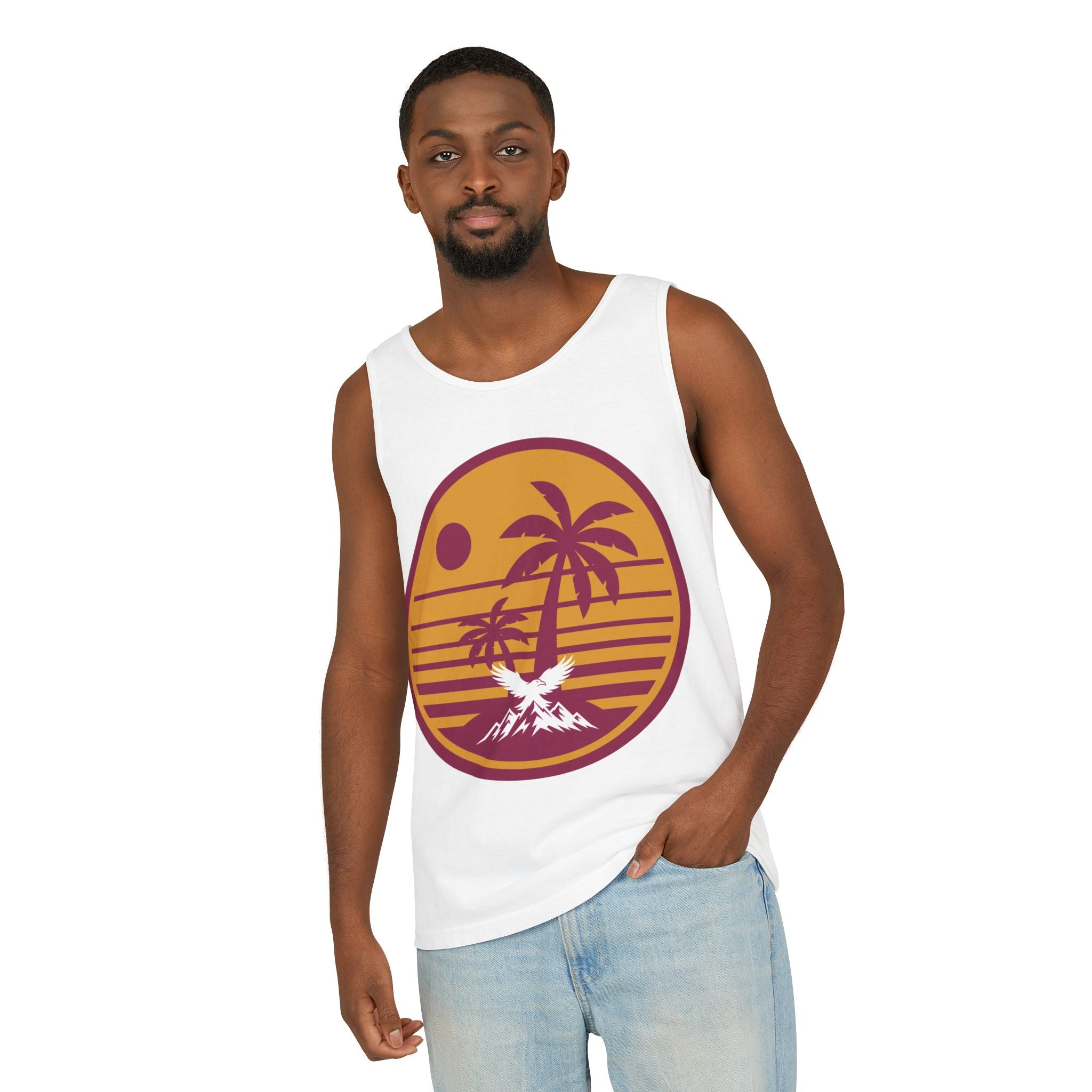 Ravens Summit Sunset Palm Tank Top  — Retro Beach Vibes Graphic Tank