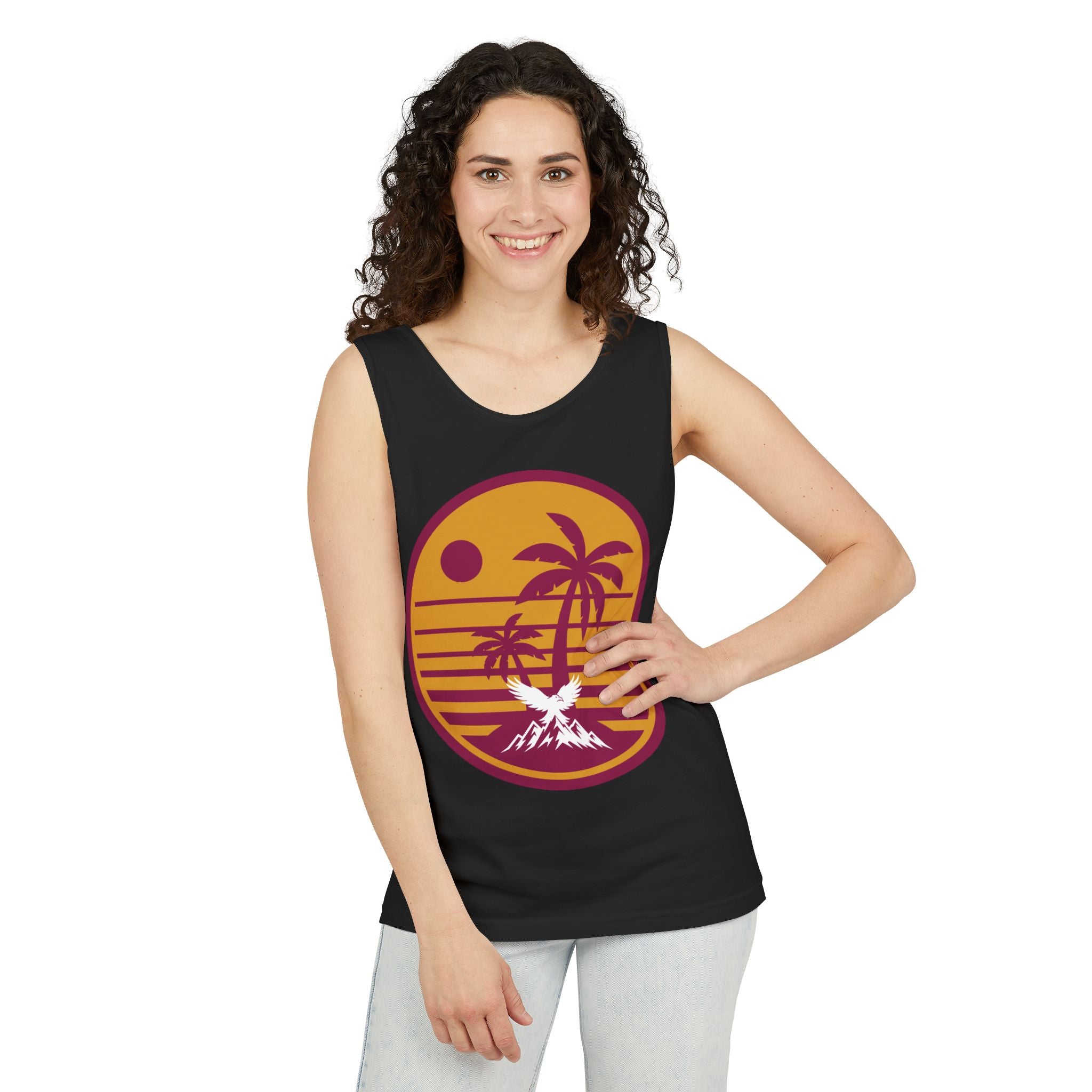 Ravens Summit Sunset Palm Tank Top  — Retro Beach Vibes Graphic Tank