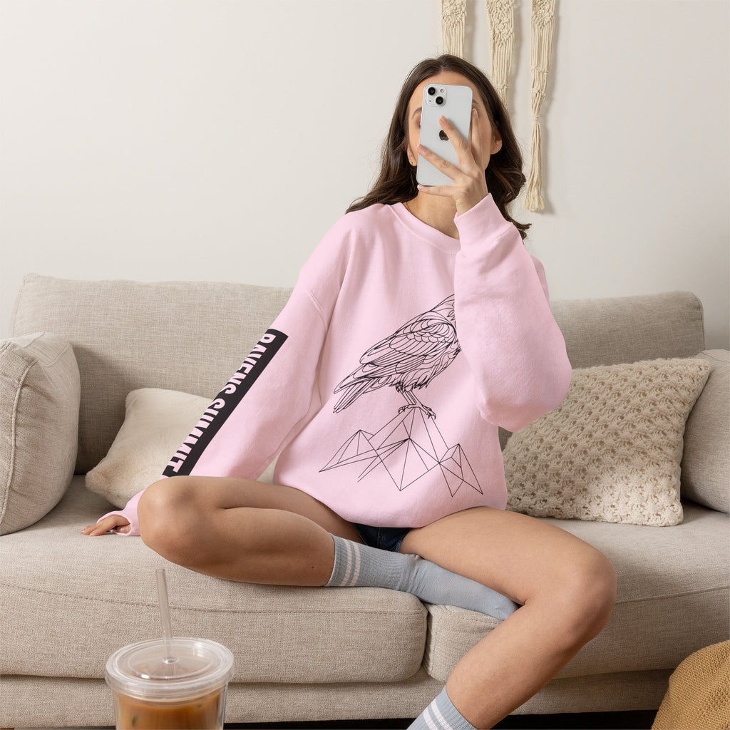 Crewneck Sweatshirt — Geometric Mountain Raven Illustration with 'Ravens Summit' Sleeve