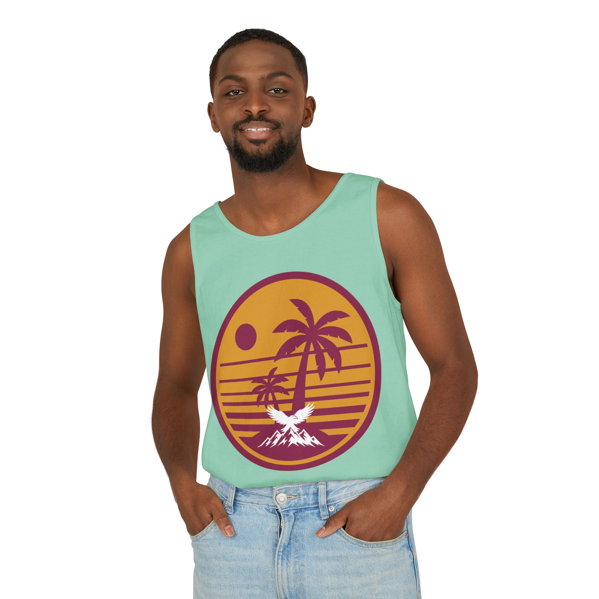 Ravens Summit Sunset Palm Tank Top  — Retro Beach Vibes Graphic Tank