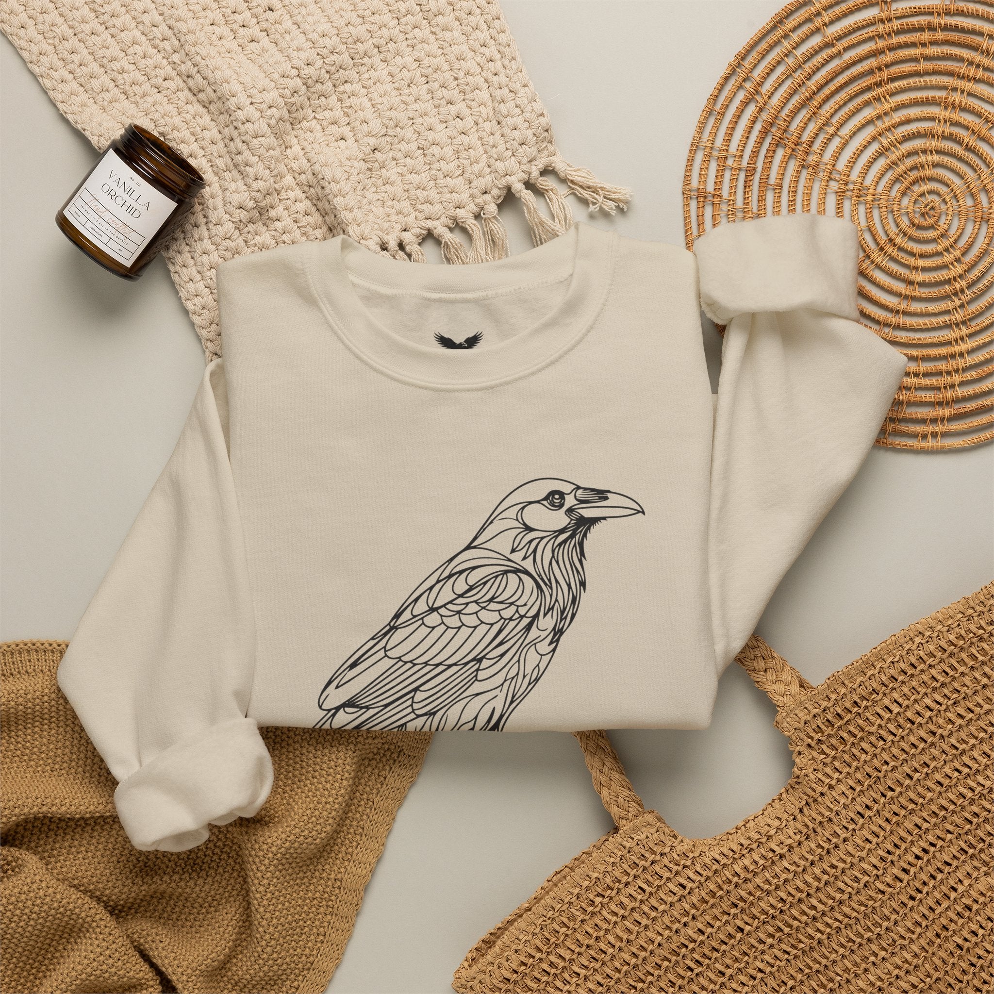 Crewneck Sweatshirt — Geometric Mountain Raven Illustration with 'Ravens Summit' Sleeve