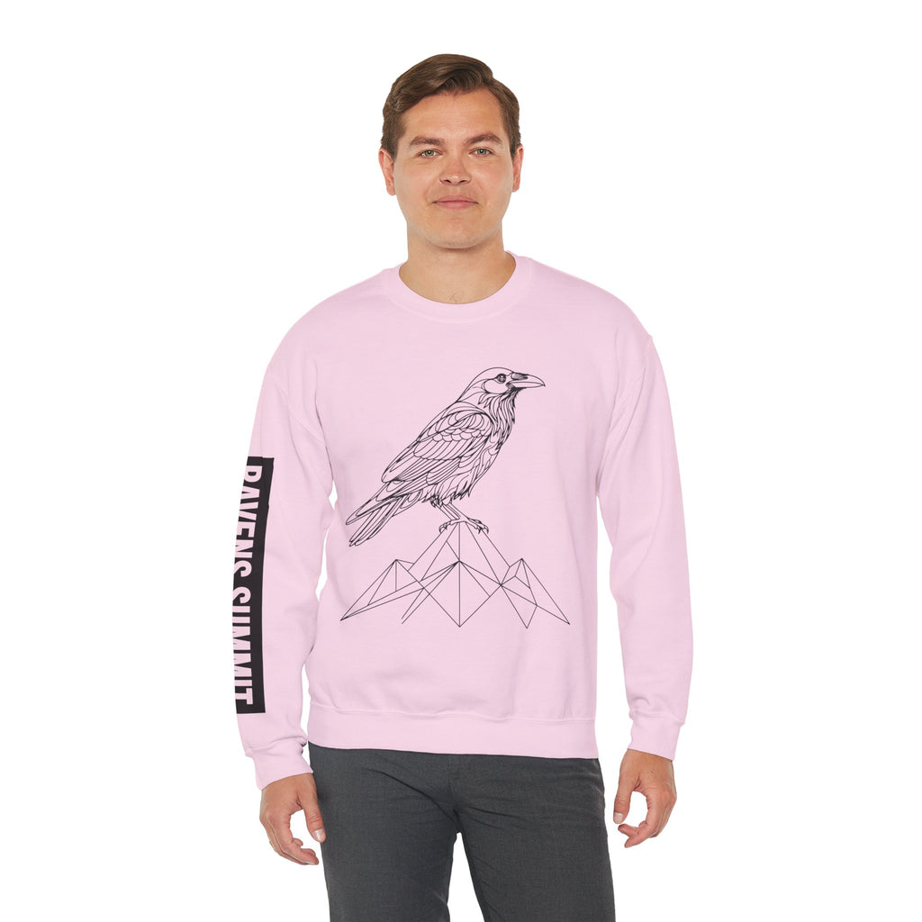 Crewneck Sweatshirt — Geometric Mountain Raven Illustration with 'Ravens Summit' Sleeve