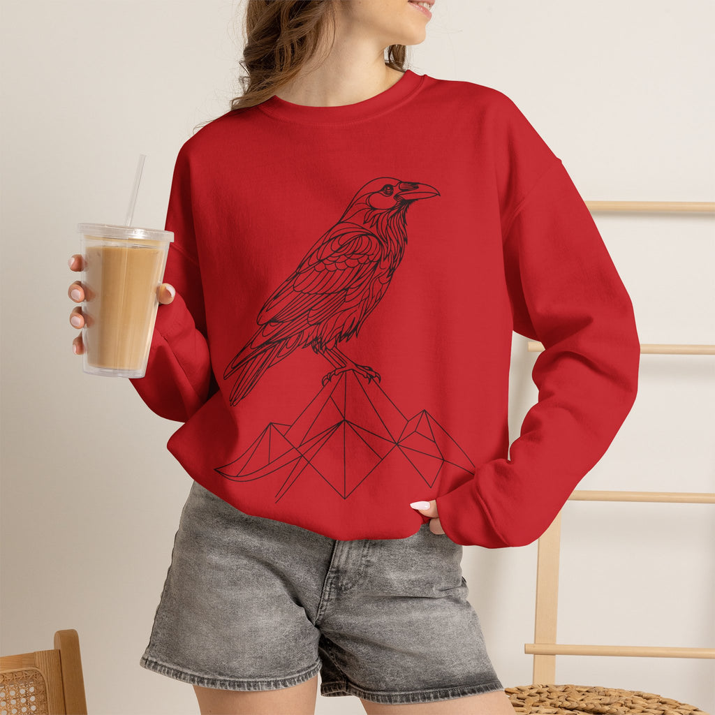 Crewneck Sweatshirt — Geometric Mountain Raven Illustration with 'Ravens Summit' Sleeve