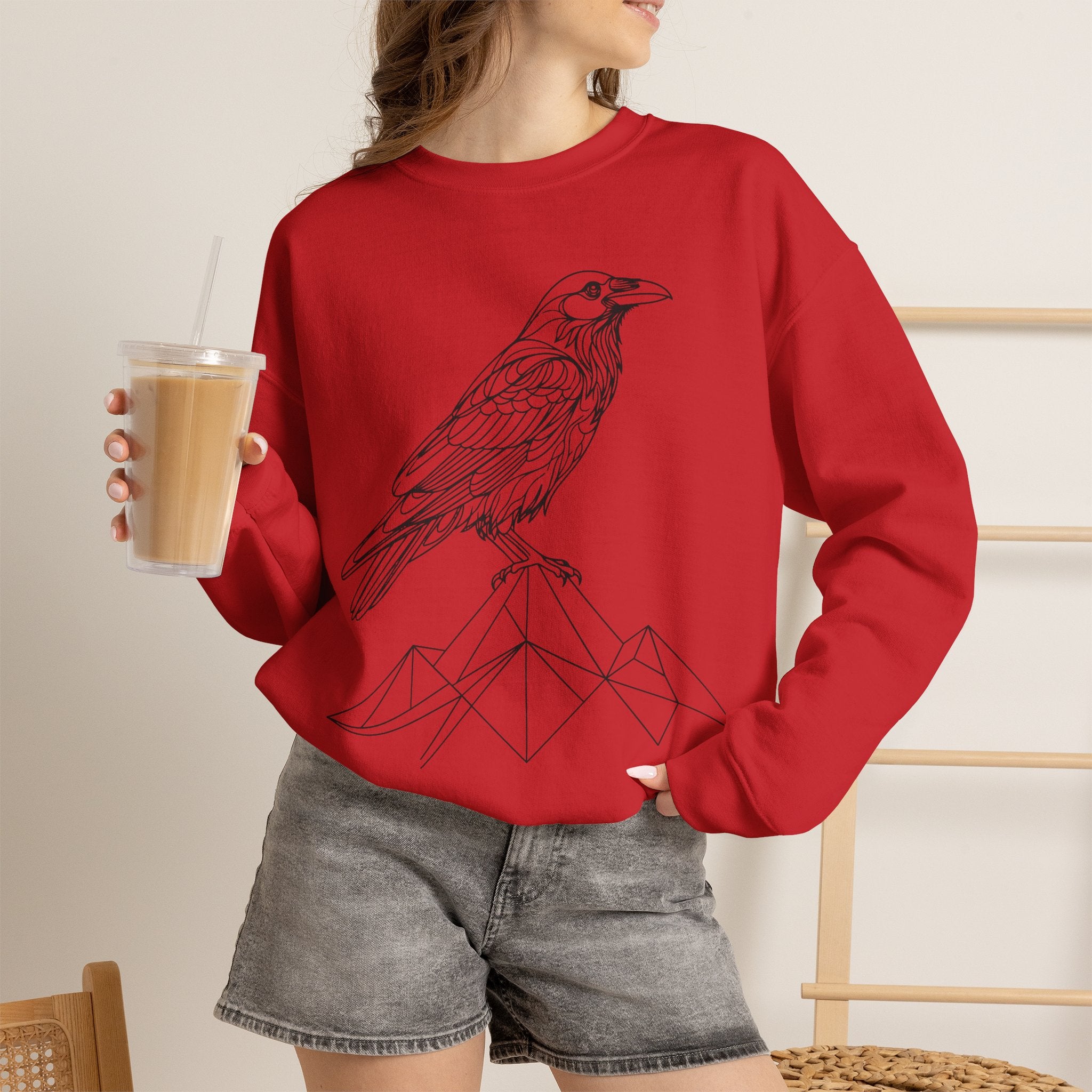 Crewneck Sweatshirt — Geometric Mountain Raven Illustration with 'Ravens Summit' Sleeve
