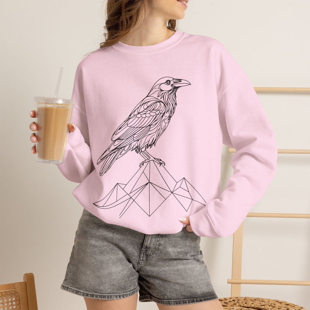 Crewneck Sweatshirt — Geometric Mountain Raven Illustration with 'Ravens Summit' Sleeve