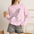 Crewneck Sweatshirt — Geometric Mountain Raven Illustration with 'Ravens Summit' Sleeve