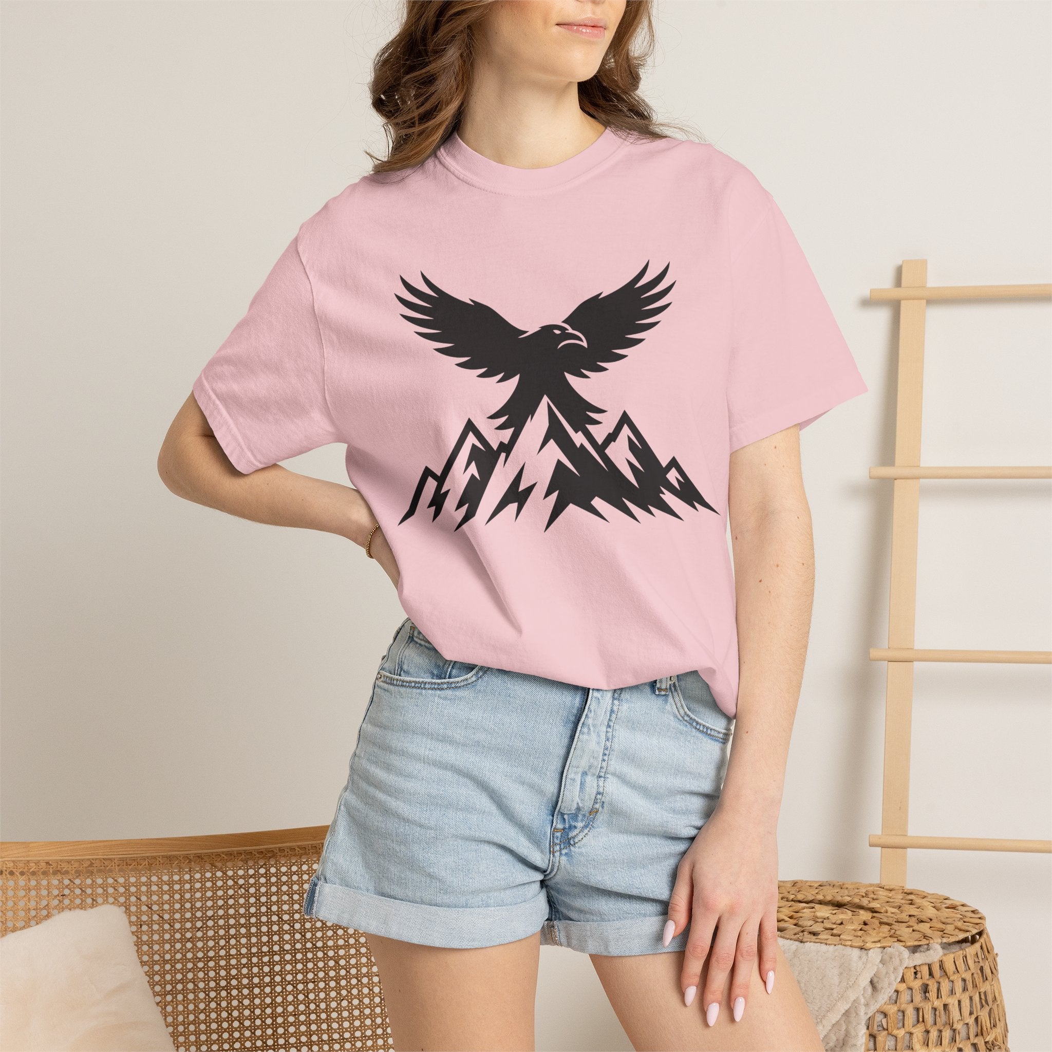Ravens Summit Mountain T-Shirt — Eagle Over Peaks Graphic Tee Light