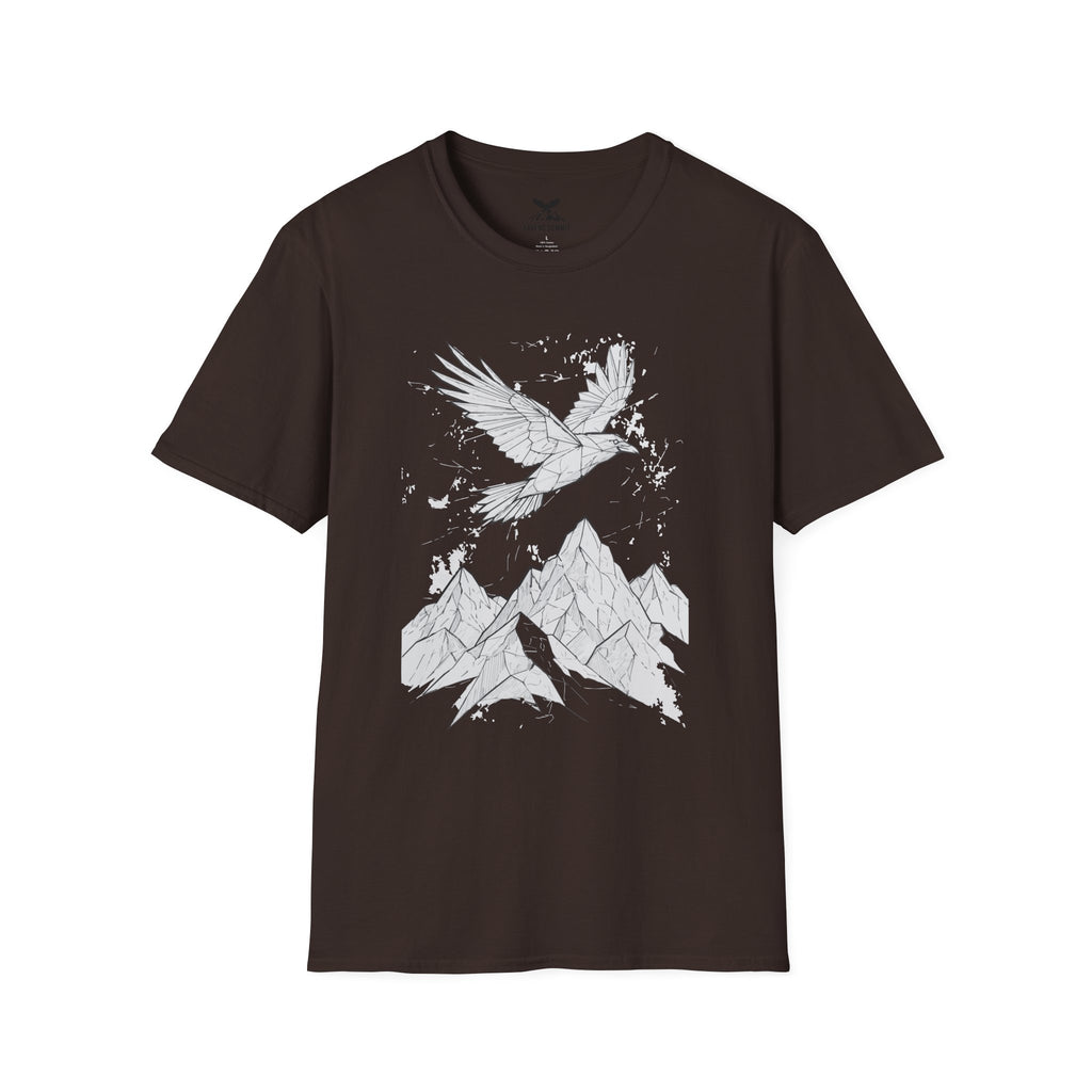 Mountain Raven Tee — Minimal Line Art Bird & Peaks Graphic T-Shirt