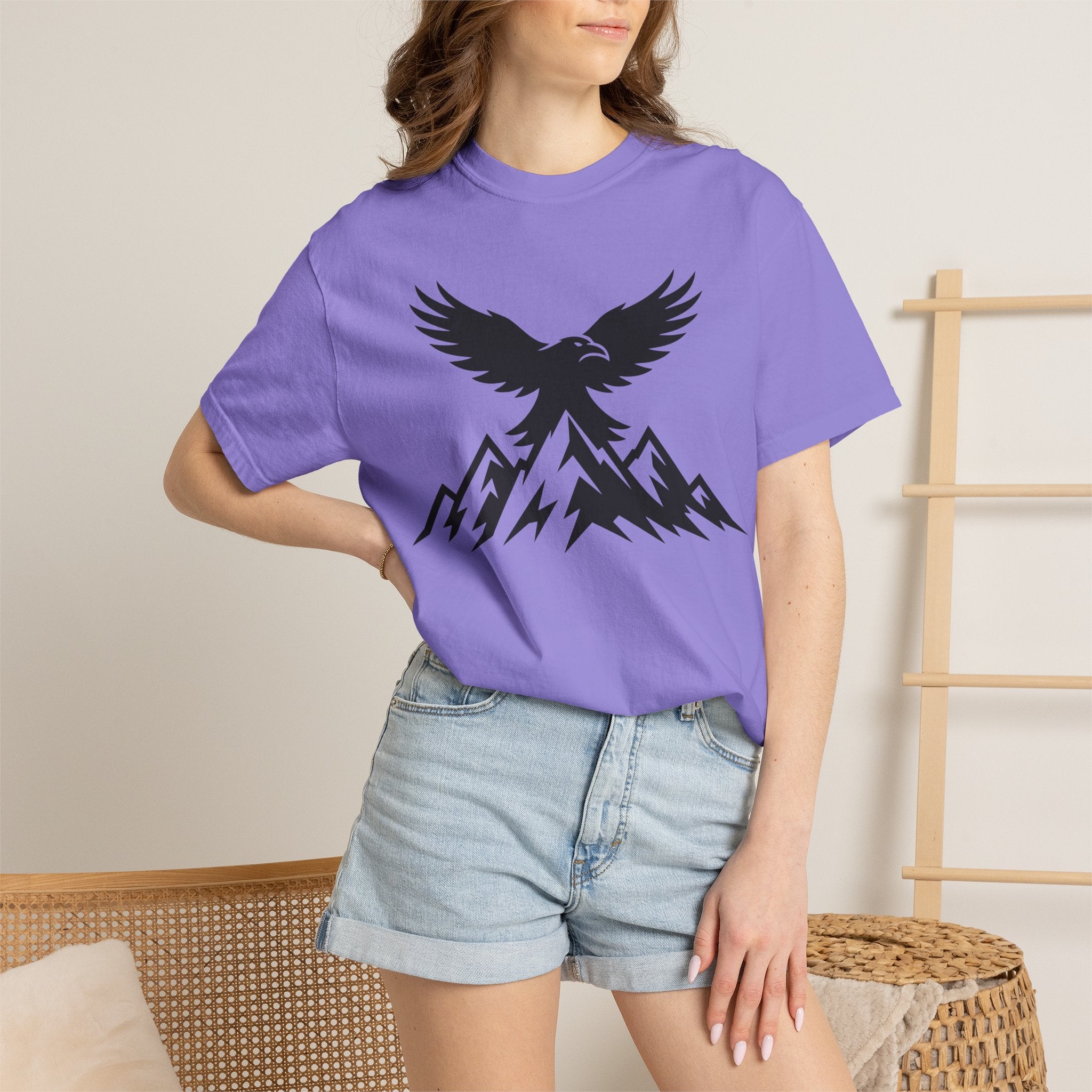 Ravens Summit Mountain T-Shirt — Eagle Over Peaks Graphic Tee Light