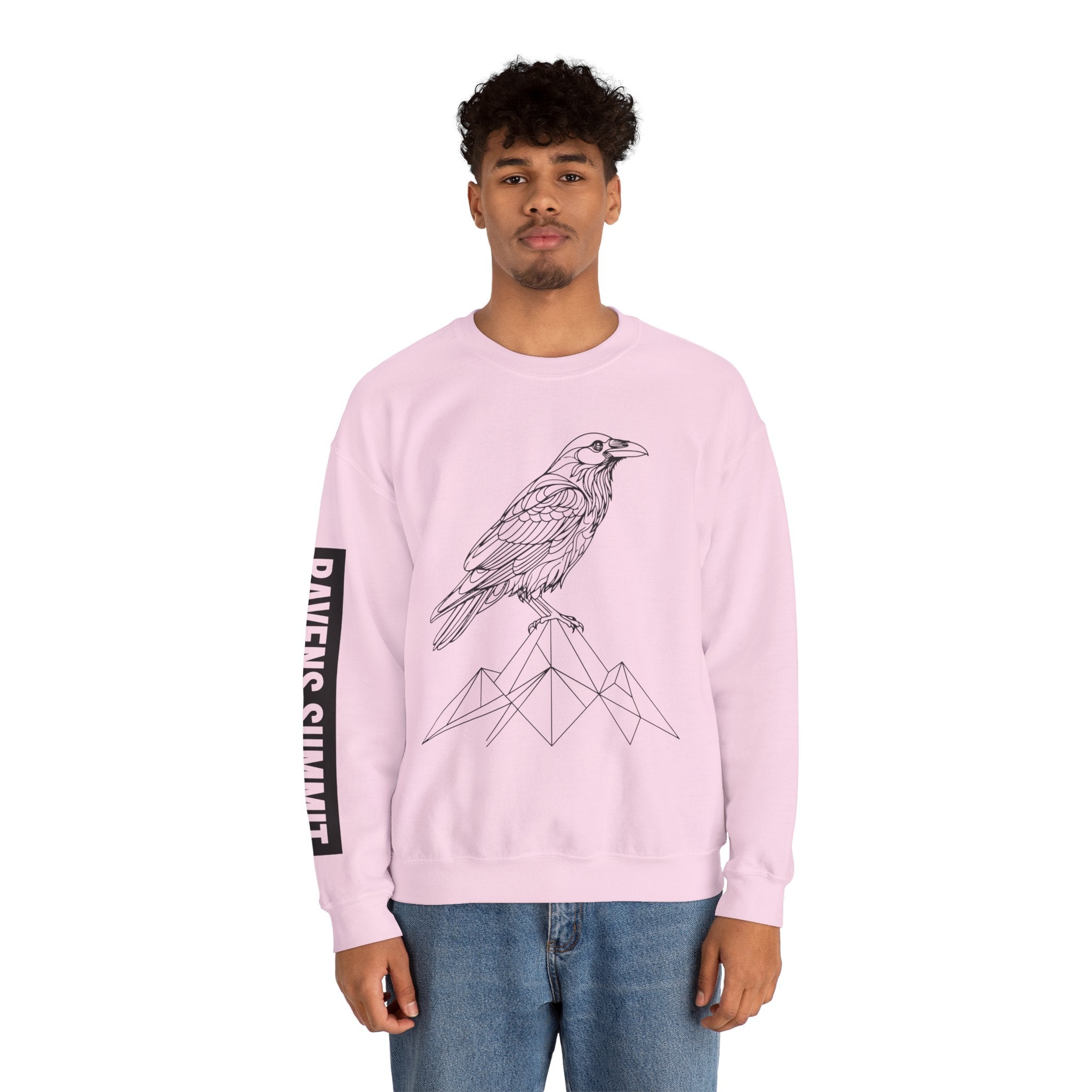 Crewneck Sweatshirt — Geometric Mountain Raven Illustration with 'Ravens Summit' Sleeve