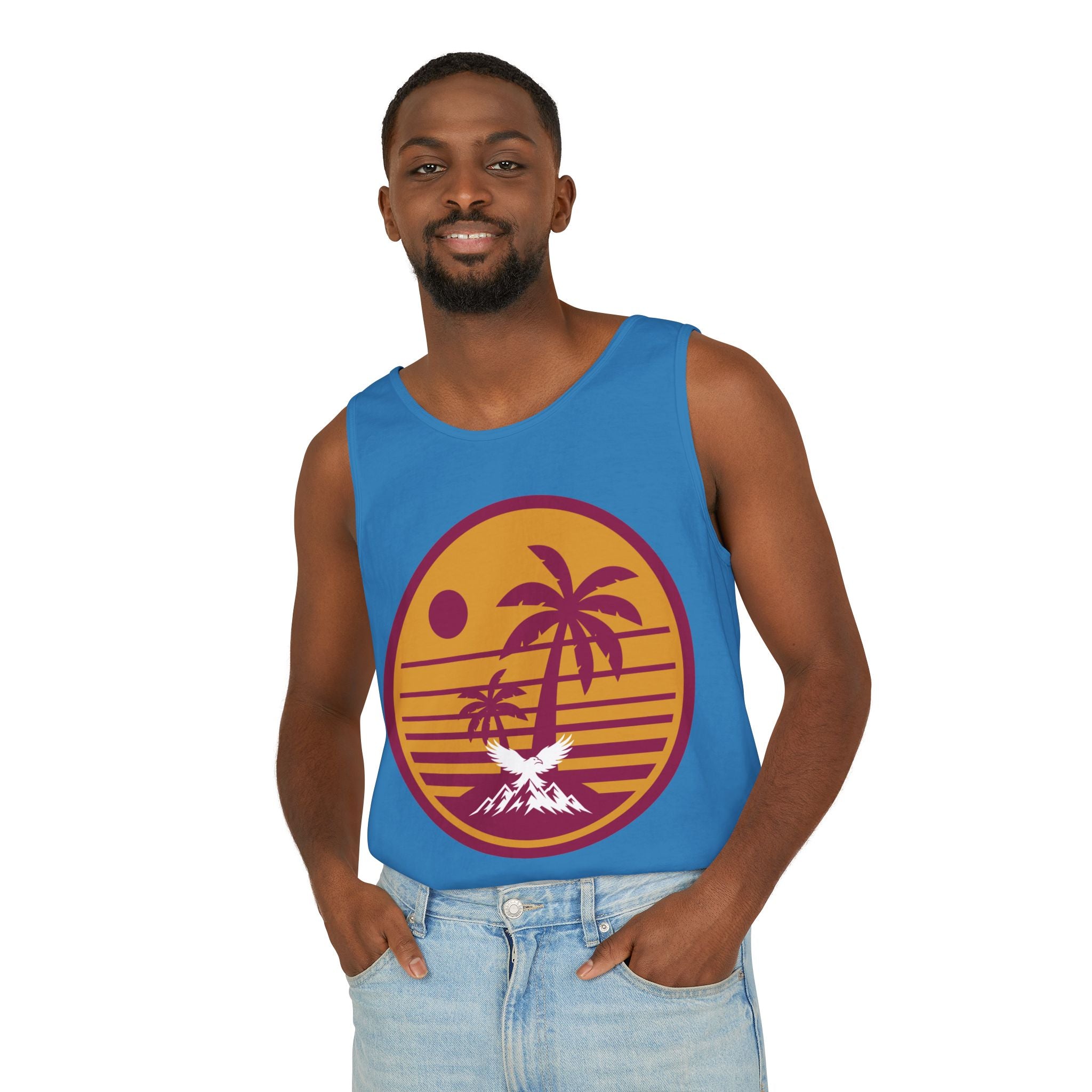 Ravens Summit Sunset Palm Tank Top  — Retro Beach Vibes Graphic Tank
