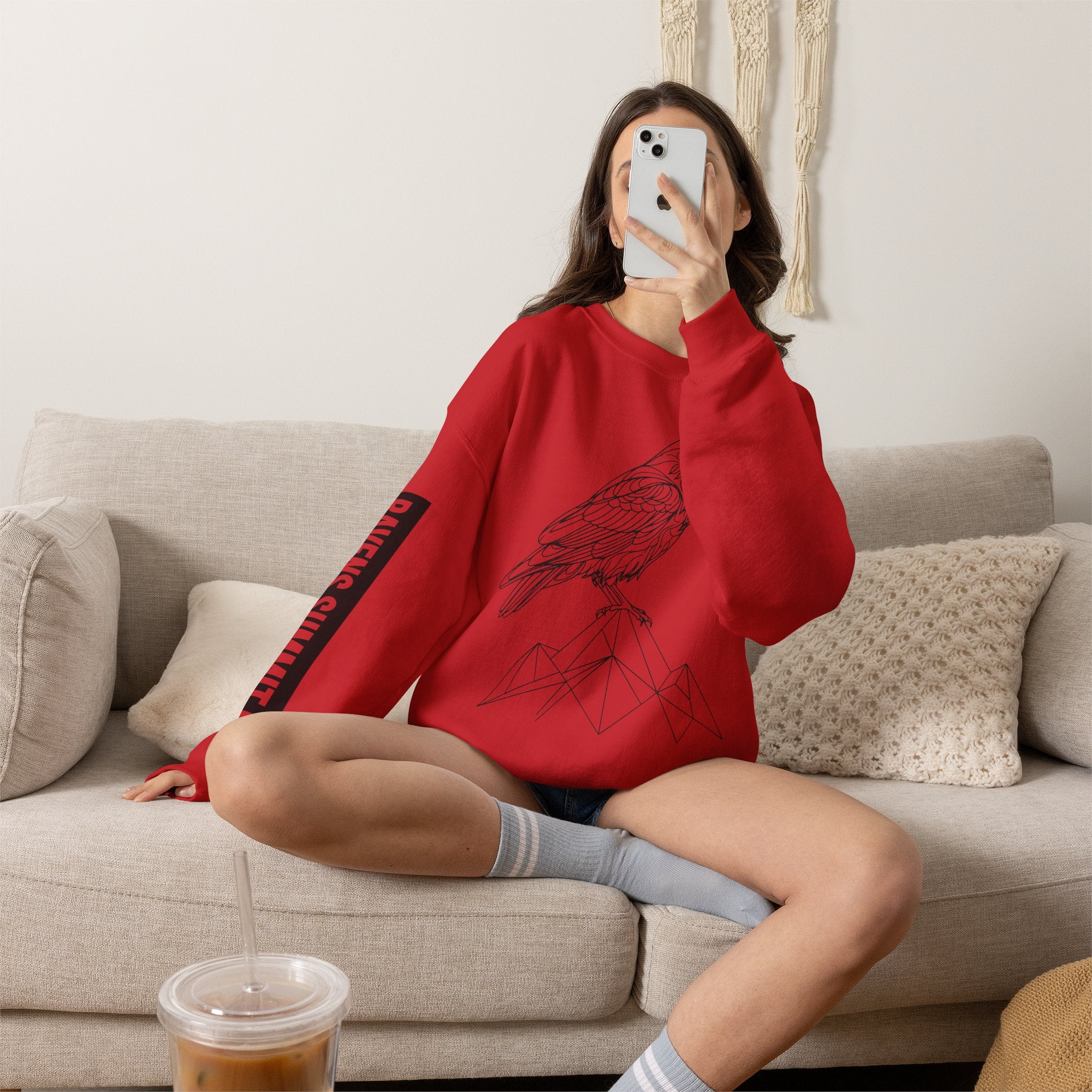 Crewneck Sweatshirt — Geometric Mountain Raven Illustration with 'Ravens Summit' Sleeve