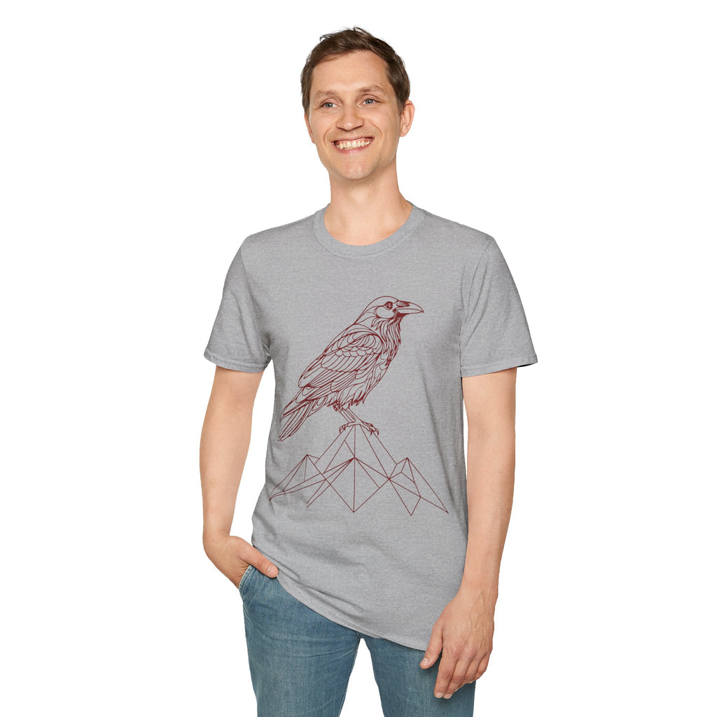 Raven Line Art T‑Shirt — Geometric Mountain Raven Sketch Tee