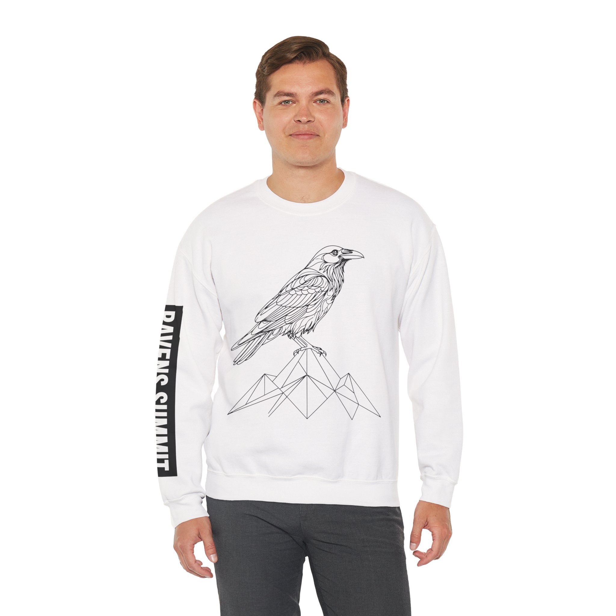 Crewneck Sweatshirt — Geometric Mountain Raven Illustration with 'Ravens Summit' Sleeve