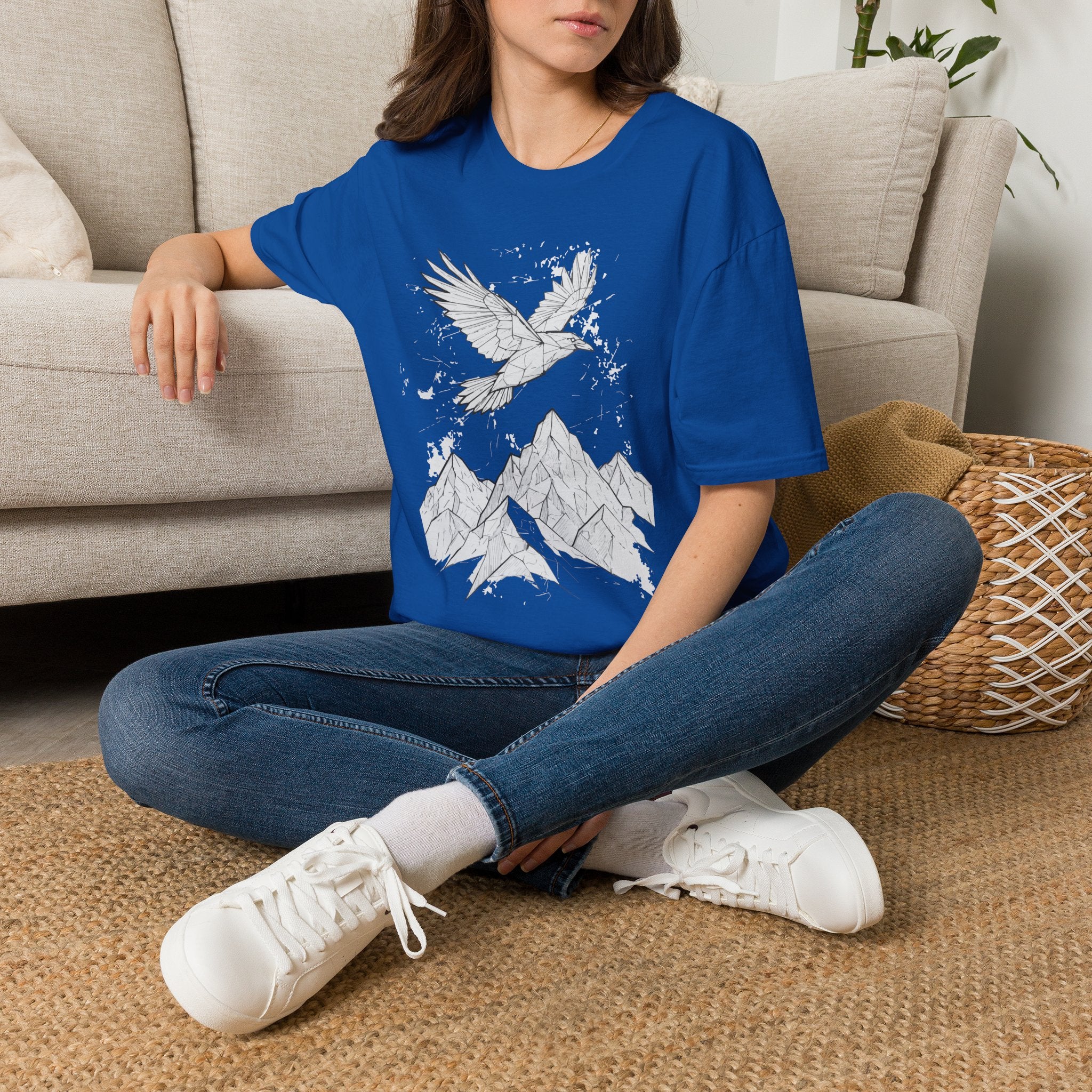 Mountain Raven Tee — Minimal Line Art Bird & Peaks Graphic T-Shirt