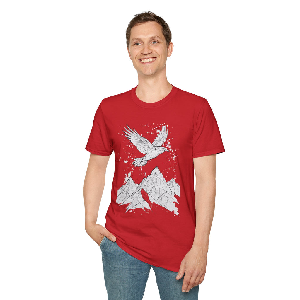 Mountain Raven Tee — Minimal Line Art Bird & Peaks Graphic T-Shirt