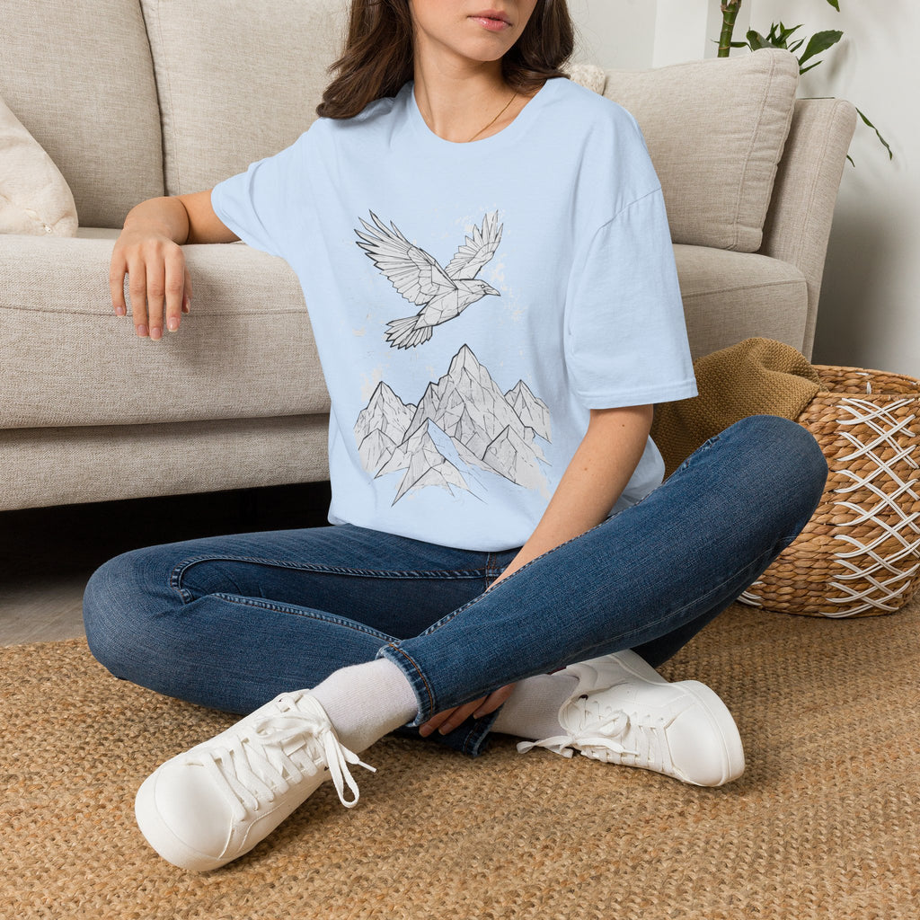Mountain Raven Tee — Minimal Line Art Bird & Peaks Graphic T-Shirt