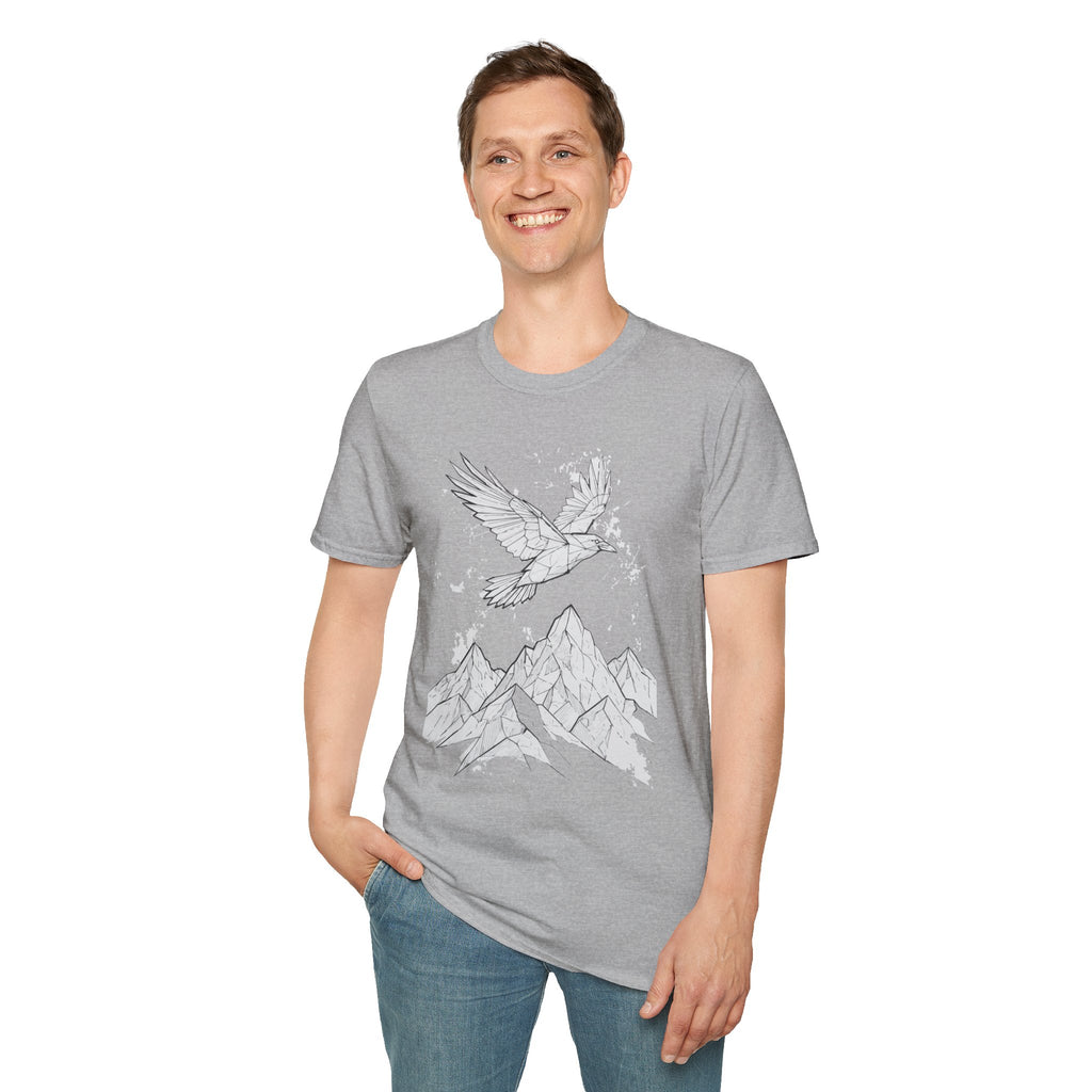 Mountain Raven Tee — Minimal Line Art Bird & Peaks Graphic T-Shirt