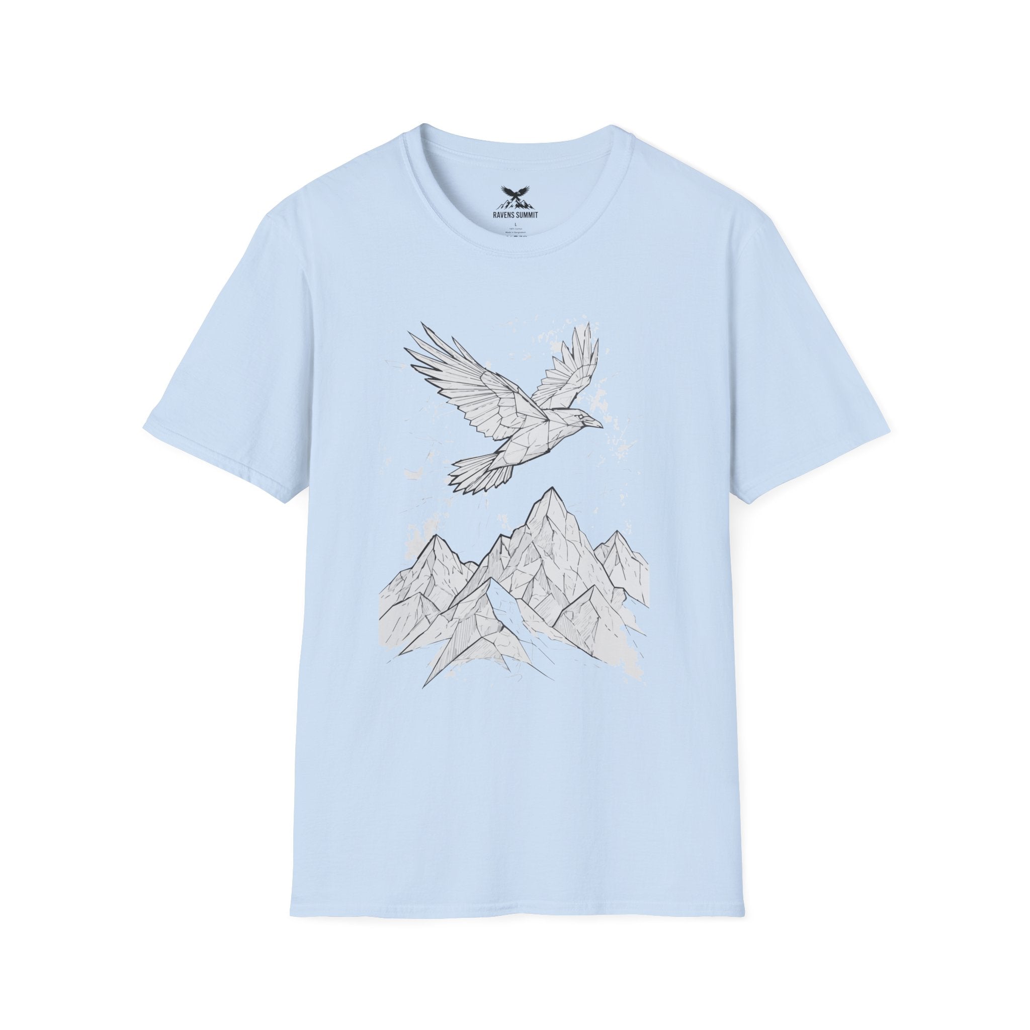 Mountain Raven Tee — Minimal Line Art Bird & Peaks Graphic T-Shirt