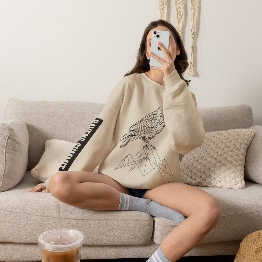 Crewneck Sweatshirt — Geometric Mountain Raven Illustration with 'Ravens Summit' Sleeve