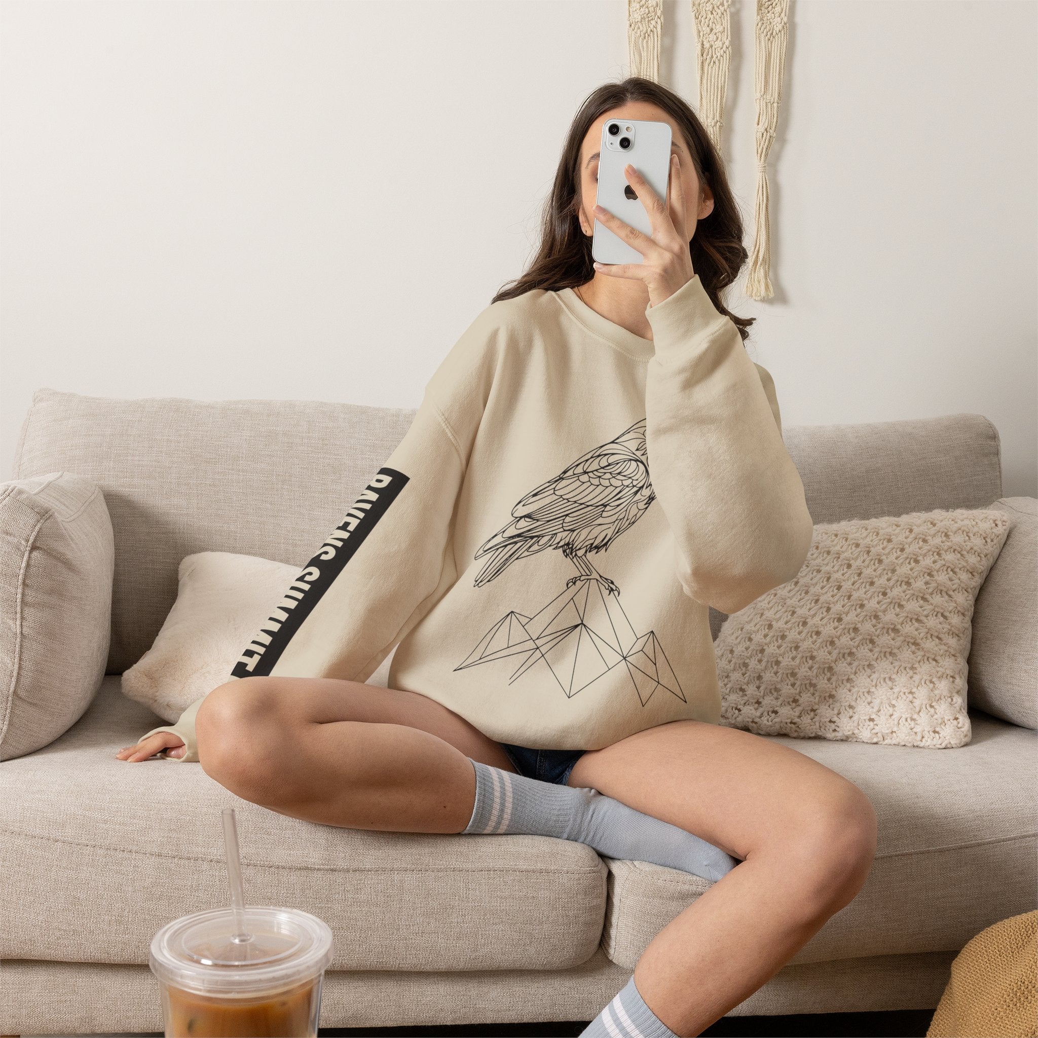 Crewneck Sweatshirt — Geometric Mountain Raven Illustration with 'Ravens Summit' Sleeve