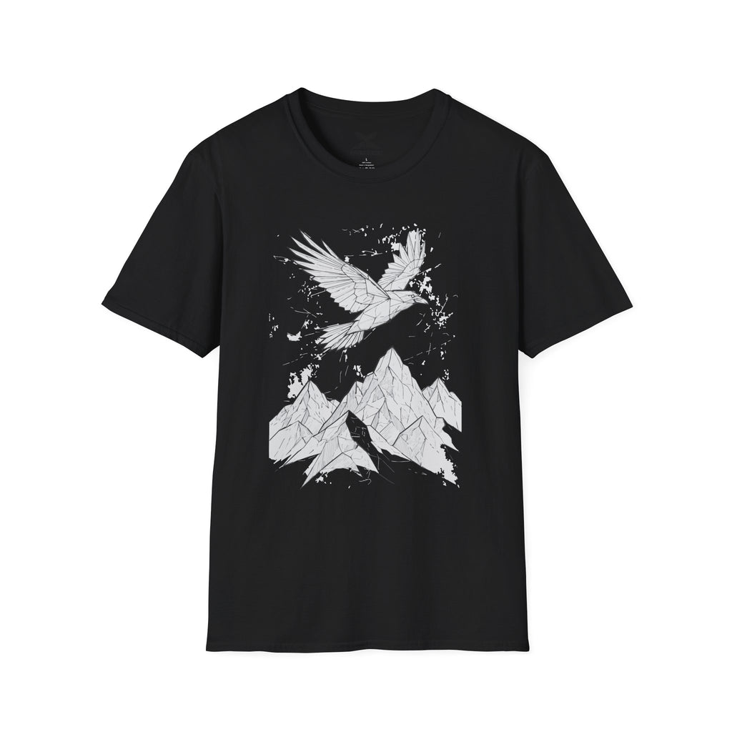 Mountain Raven Tee — Minimal Line Art Bird & Peaks Graphic T-Shirt