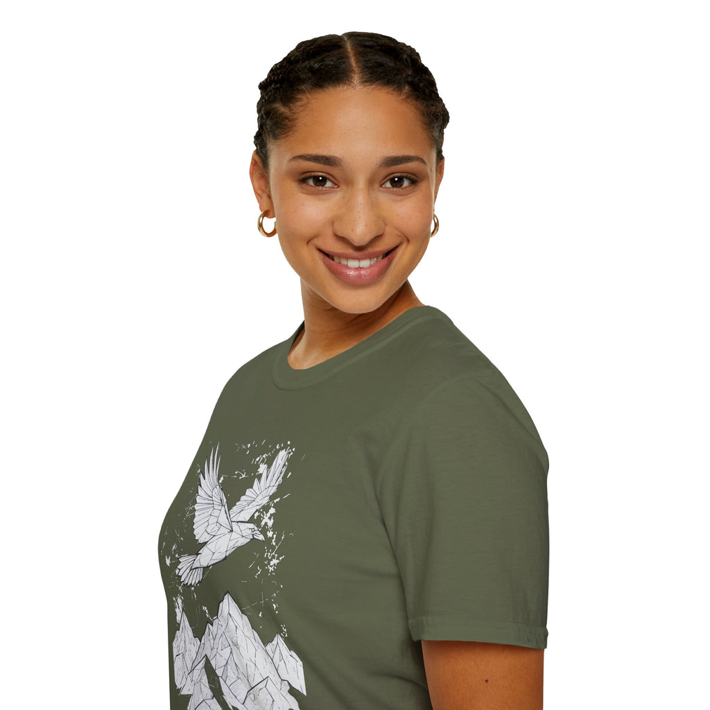 Mountain Raven Tee — Minimal Line Art Bird & Peaks Graphic T-Shirt