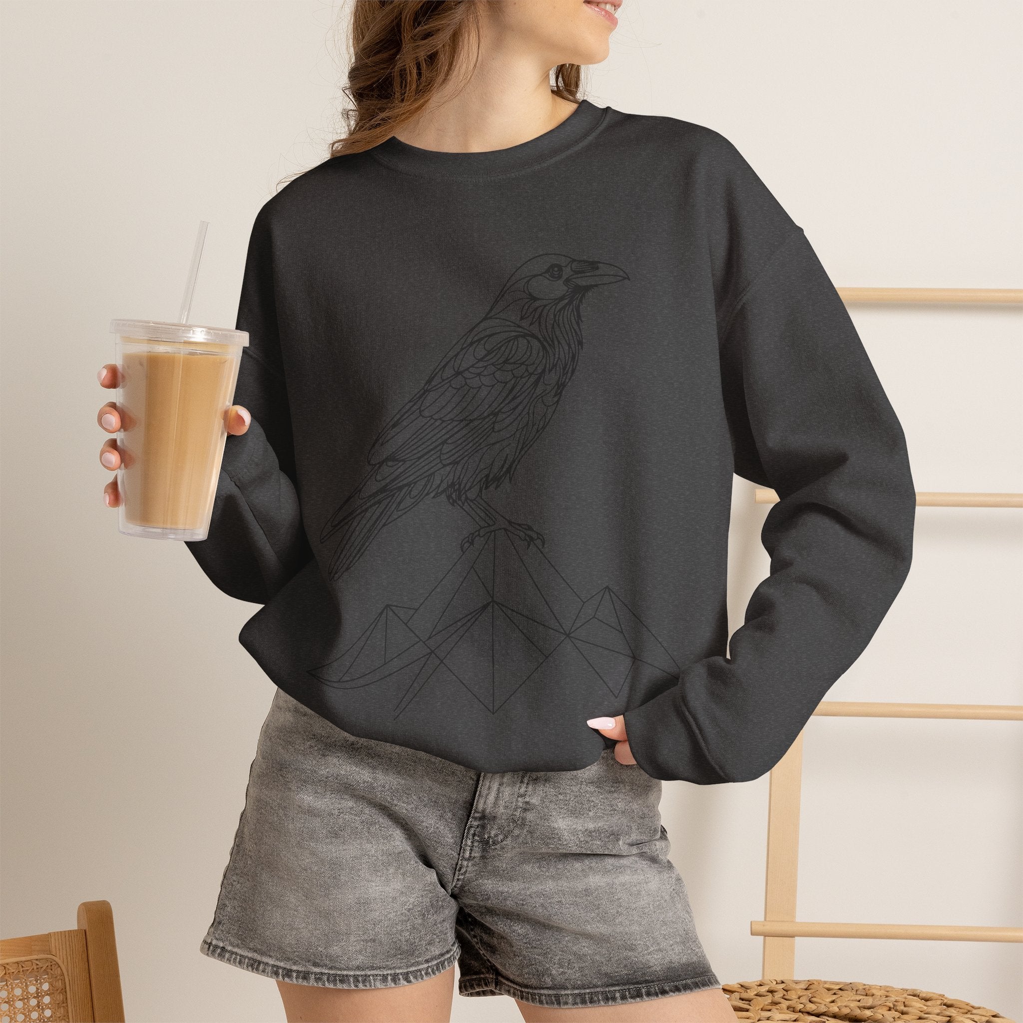 Crewneck Sweatshirt — Geometric Mountain Raven Illustration with 'Ravens Summit' Sleeve