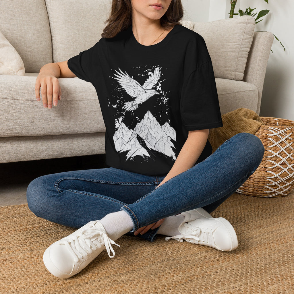 Mountain Raven Tee — Minimal Line Art Bird & Peaks Graphic T-Shirt