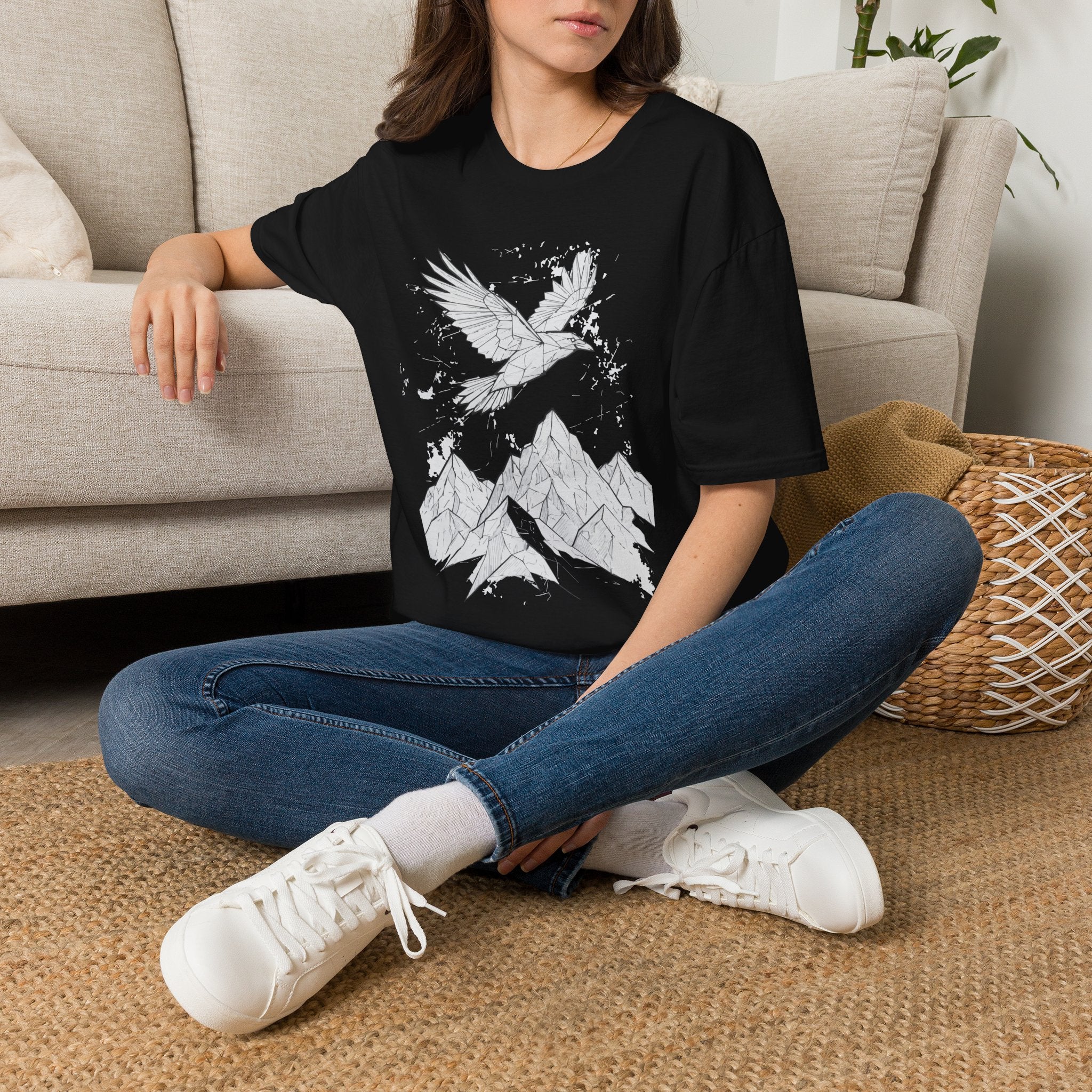 Mountain Raven Tee — Minimal Line Art Bird & Peaks Graphic T-Shirt