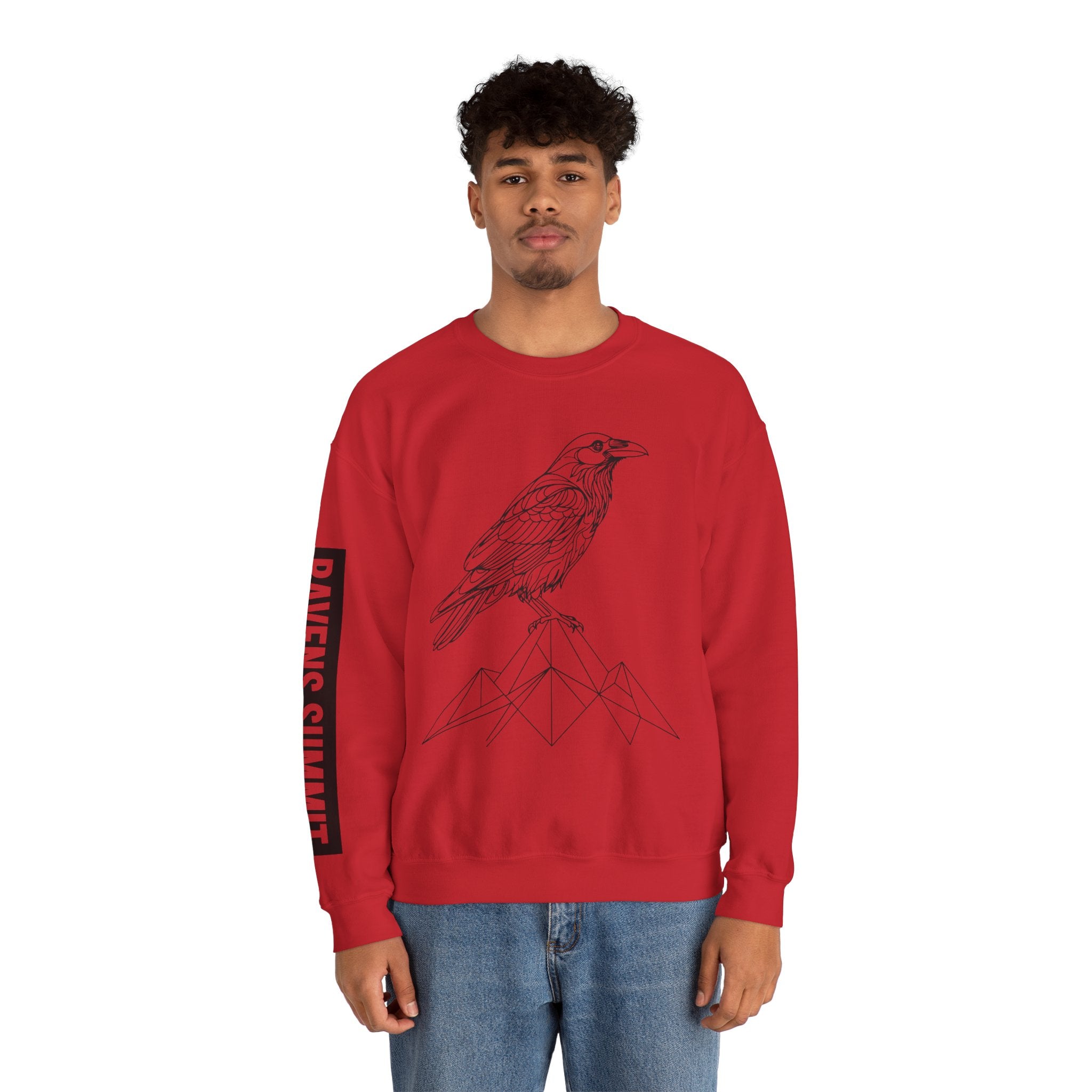 Crewneck Sweatshirt — Geometric Mountain Raven Illustration with 'Ravens Summit' Sleeve