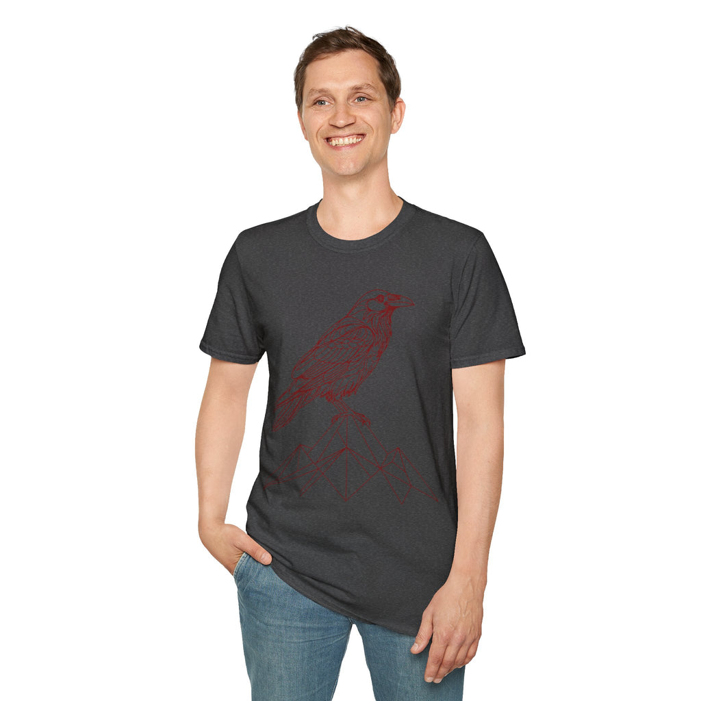 Raven Line Art T‑Shirt — Geometric Mountain Raven Sketch Tee