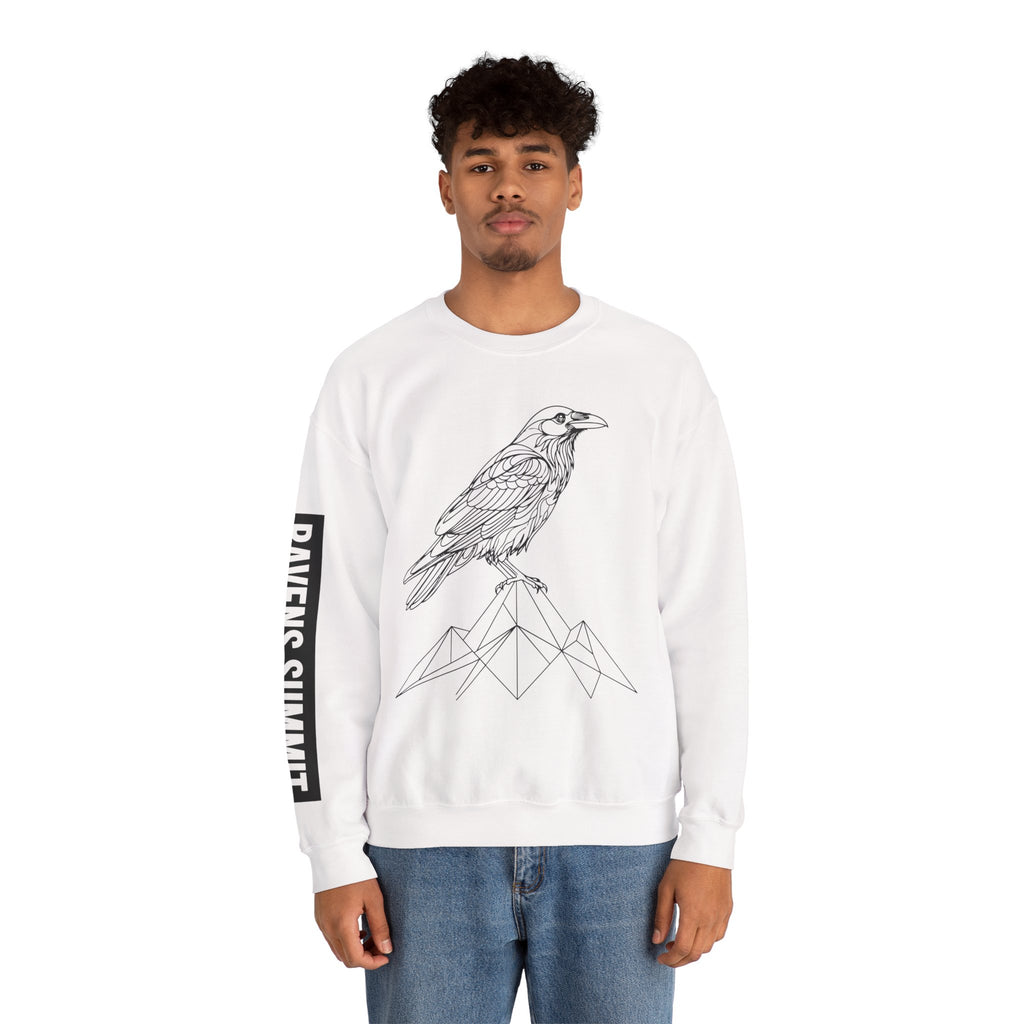 Crewneck Sweatshirt — Geometric Mountain Raven Illustration with 'Ravens Summit' Sleeve