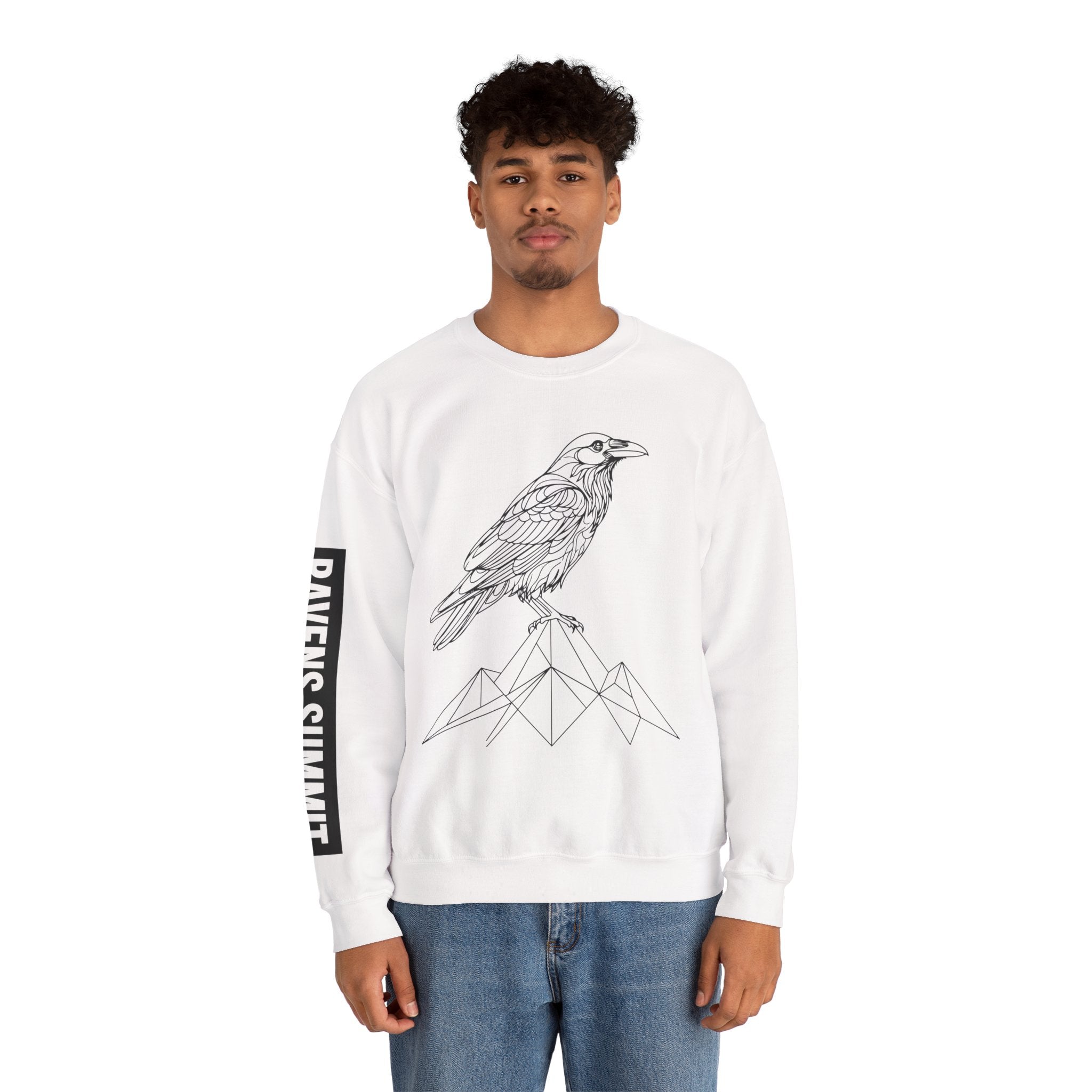 Crewneck Sweatshirt — Geometric Mountain Raven Illustration with 'Ravens Summit' Sleeve