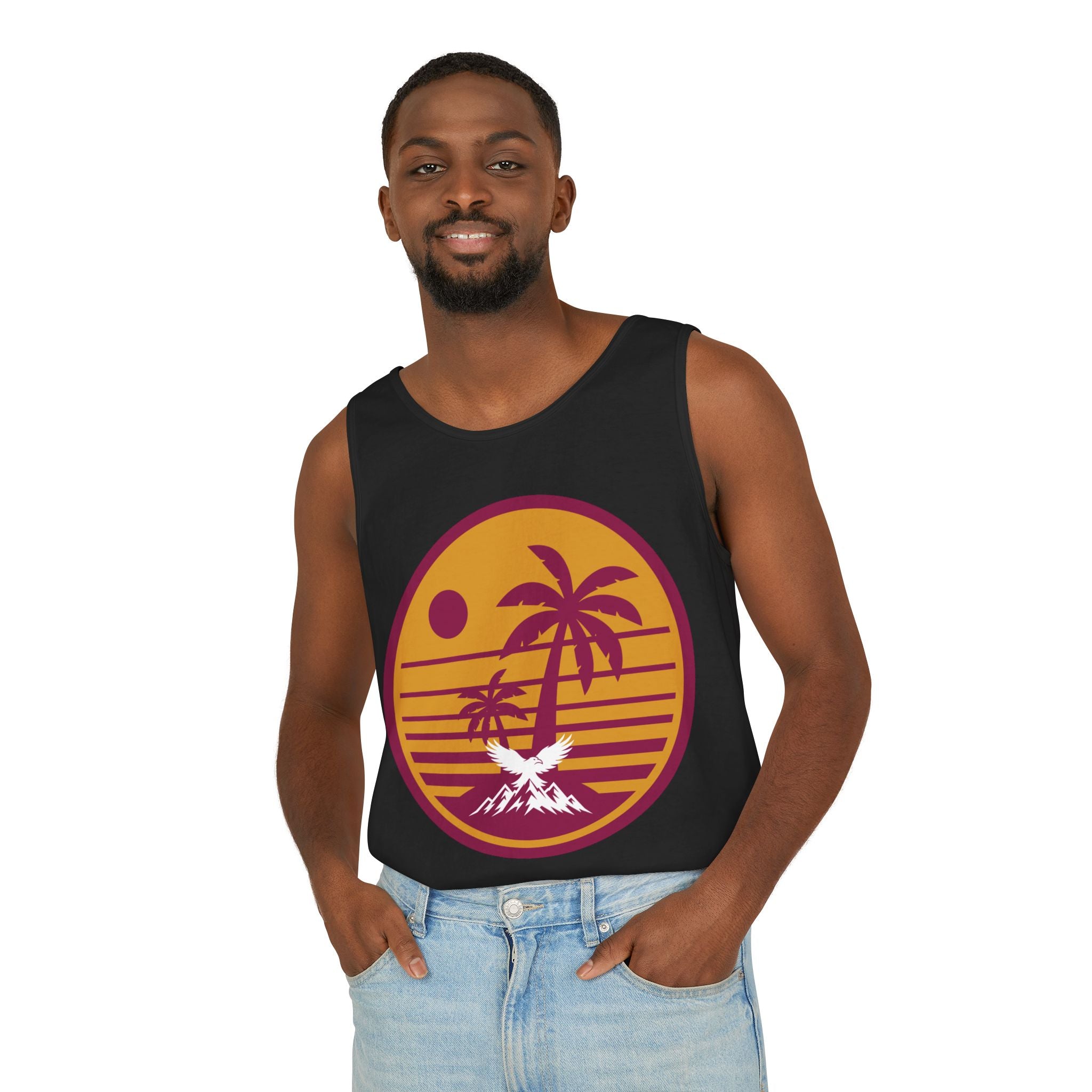 Ravens Summit Sunset Palm Tank Top  — Retro Beach Vibes Graphic Tank