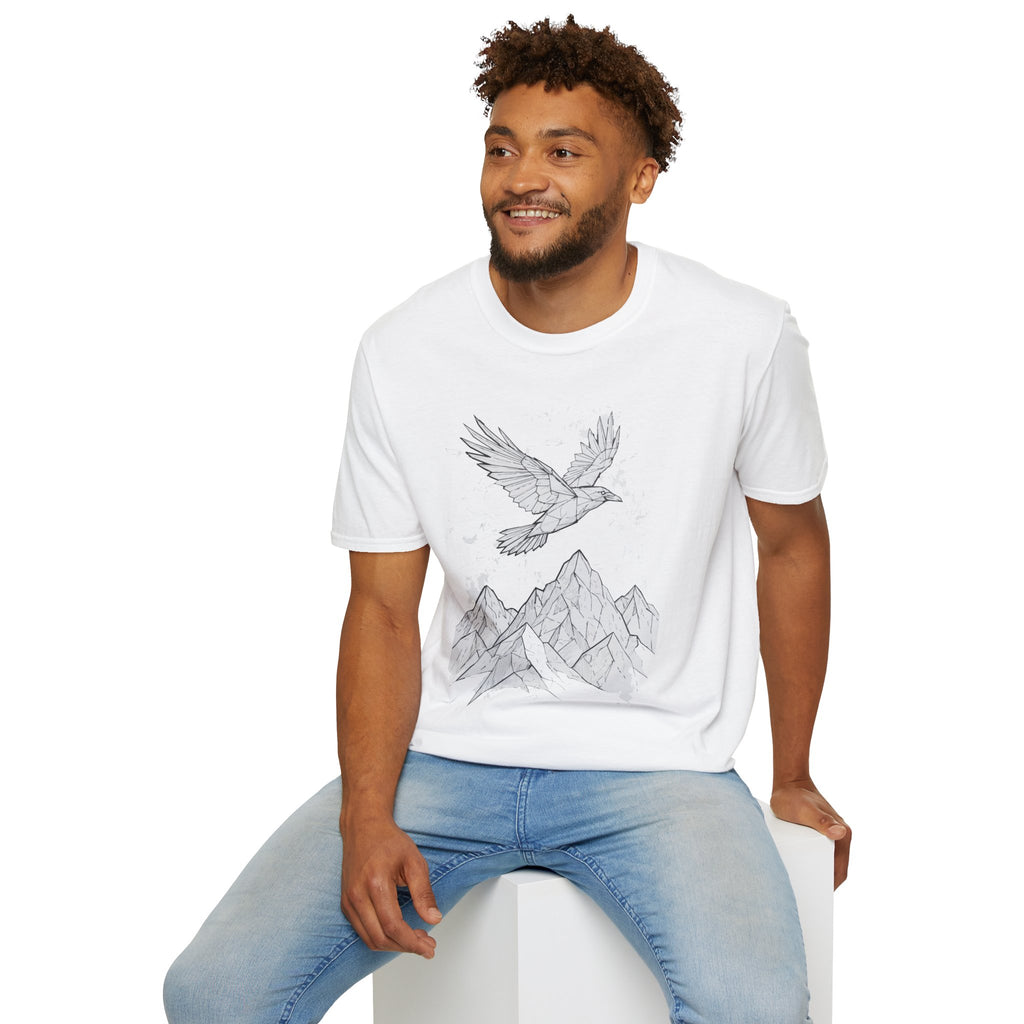 Mountain Raven Tee — Minimal Line Art Bird & Peaks Graphic T-Shirt