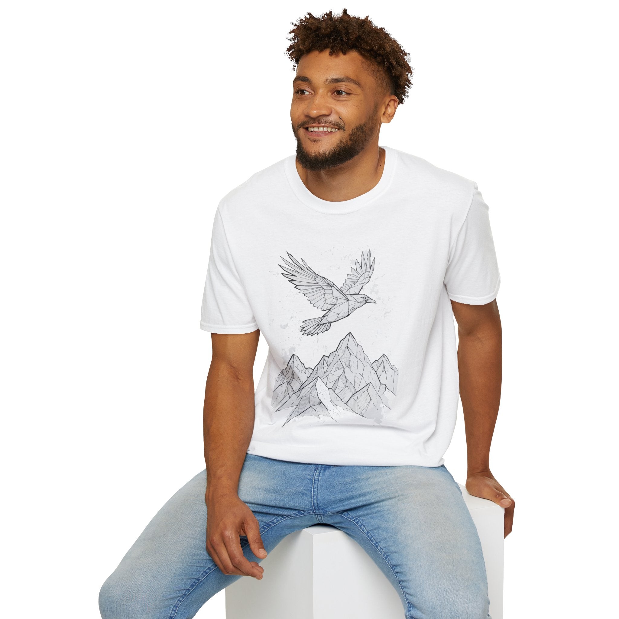 Mountain Raven Tee — Minimal Line Art Bird & Peaks Graphic T-Shirt