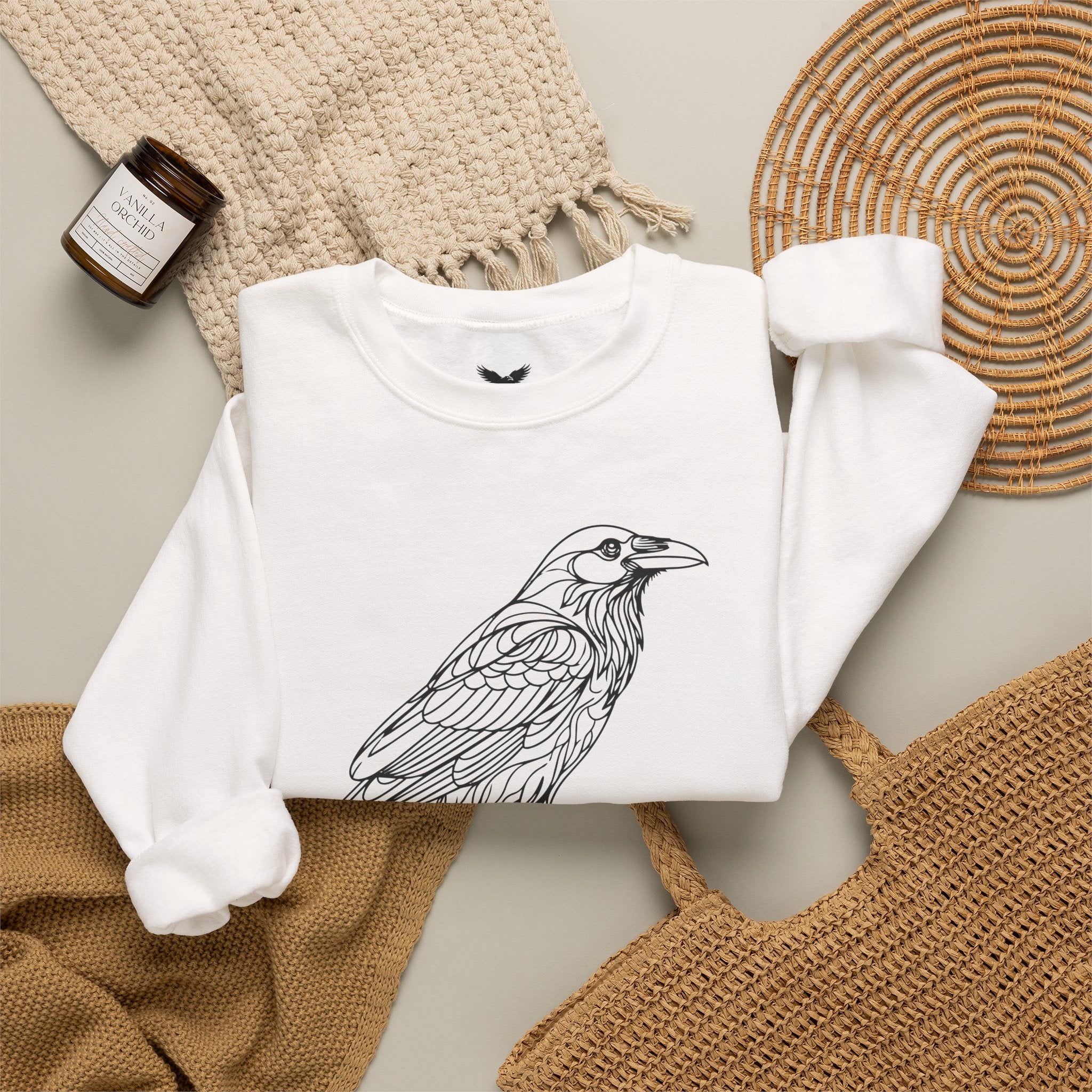 Crewneck Sweatshirt — Geometric Mountain Raven Illustration with 'Ravens Summit' Sleeve