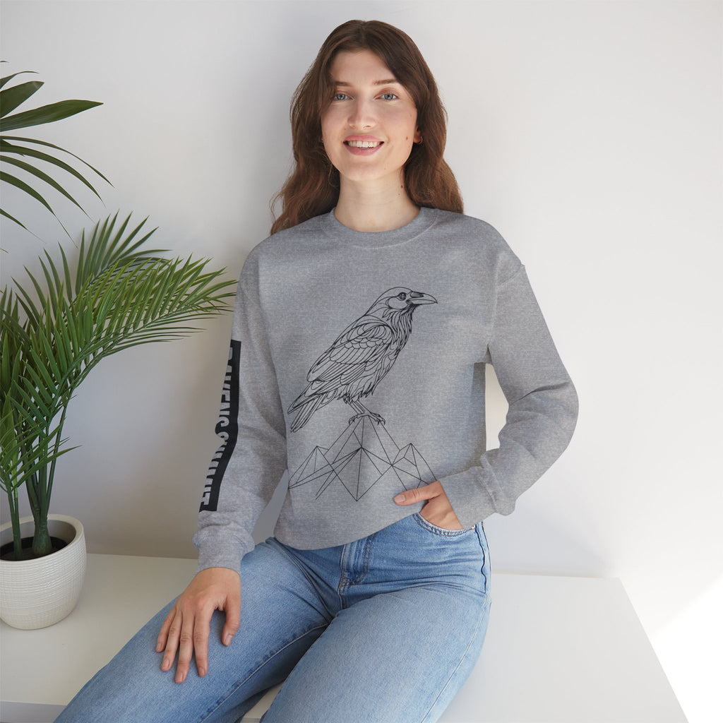 Crewneck Sweatshirt — Geometric Mountain Raven Illustration with 'Ravens Summit' Sleeve