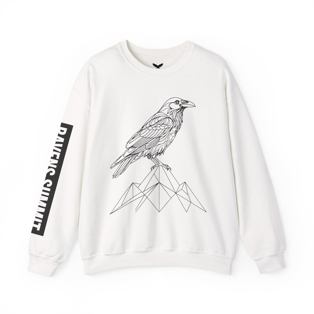 Crewneck Sweatshirt — Geometric Mountain Raven Illustration with 'Ravens Summit' Sleeve