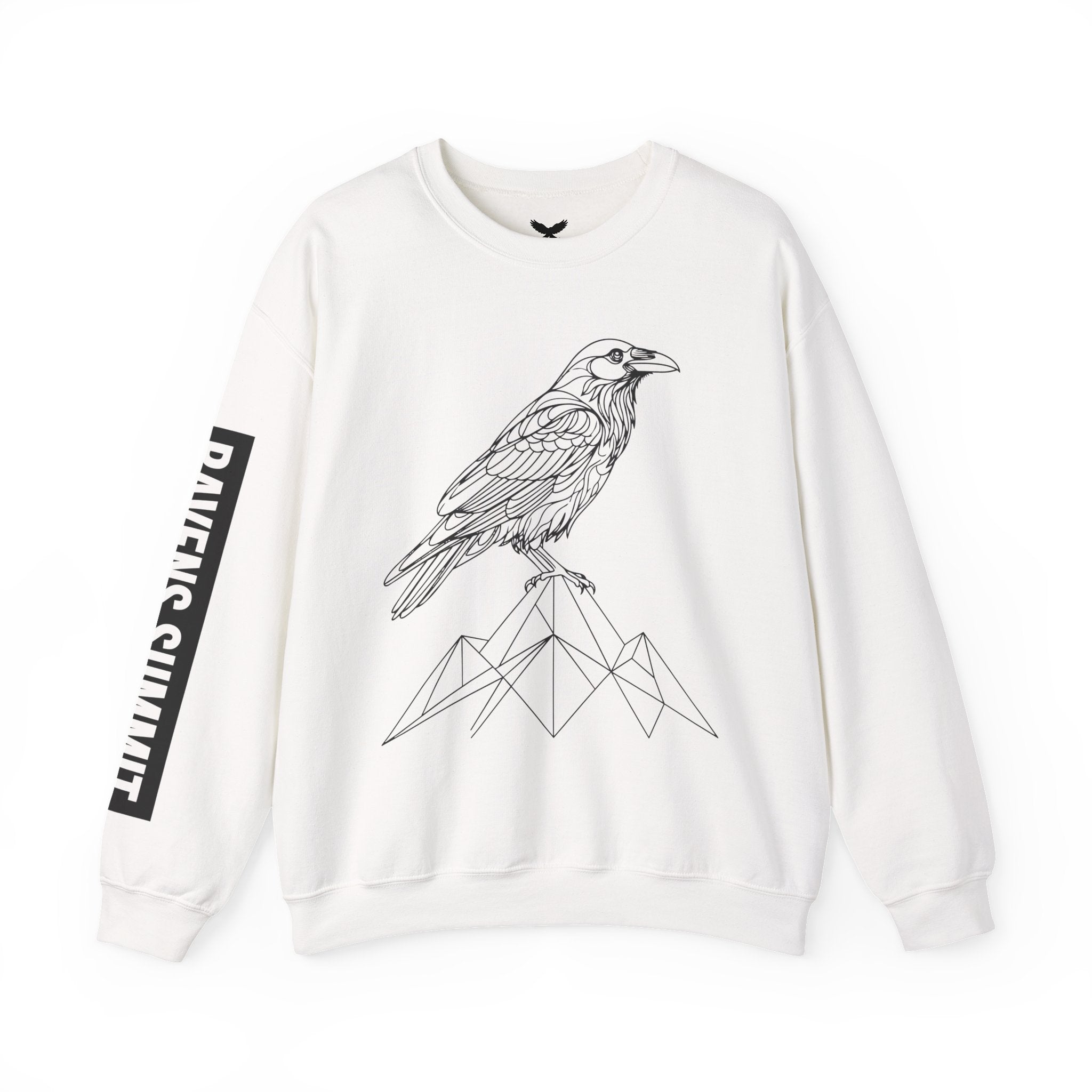 Crewneck Sweatshirt — Geometric Mountain Raven Illustration with 'Ravens Summit' Sleeve