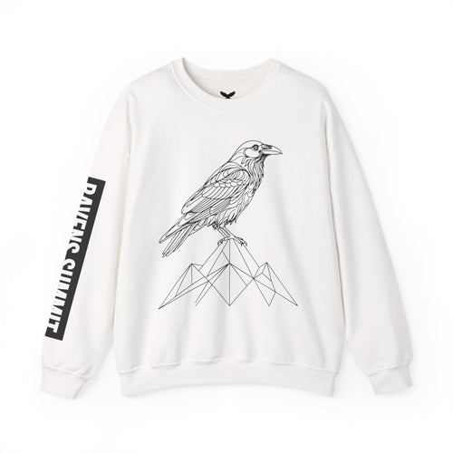 Crewneck Sweatshirt — Geometric Mountain Raven Illustration with 'Ravens Summit' Sleeve