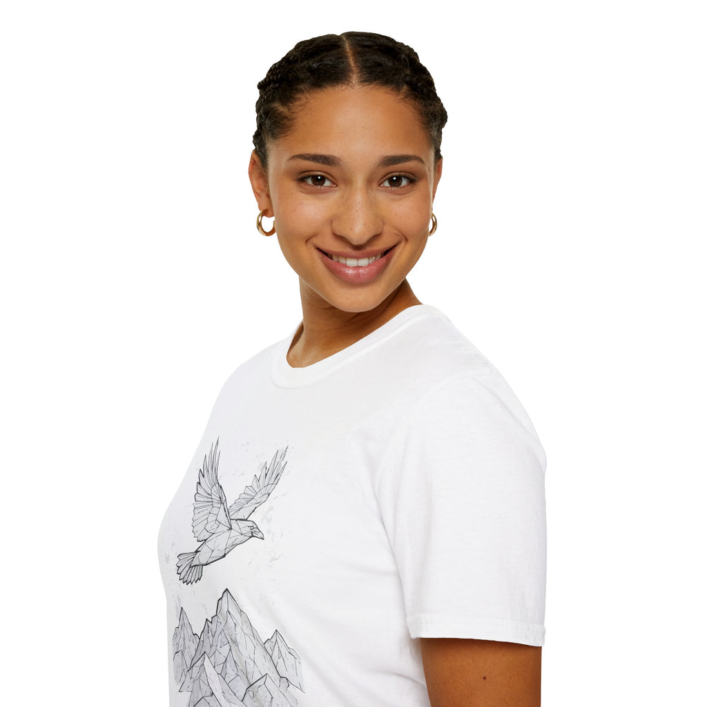 Mountain Raven Tee — Minimal Line Art Bird & Peaks Graphic T-Shirt