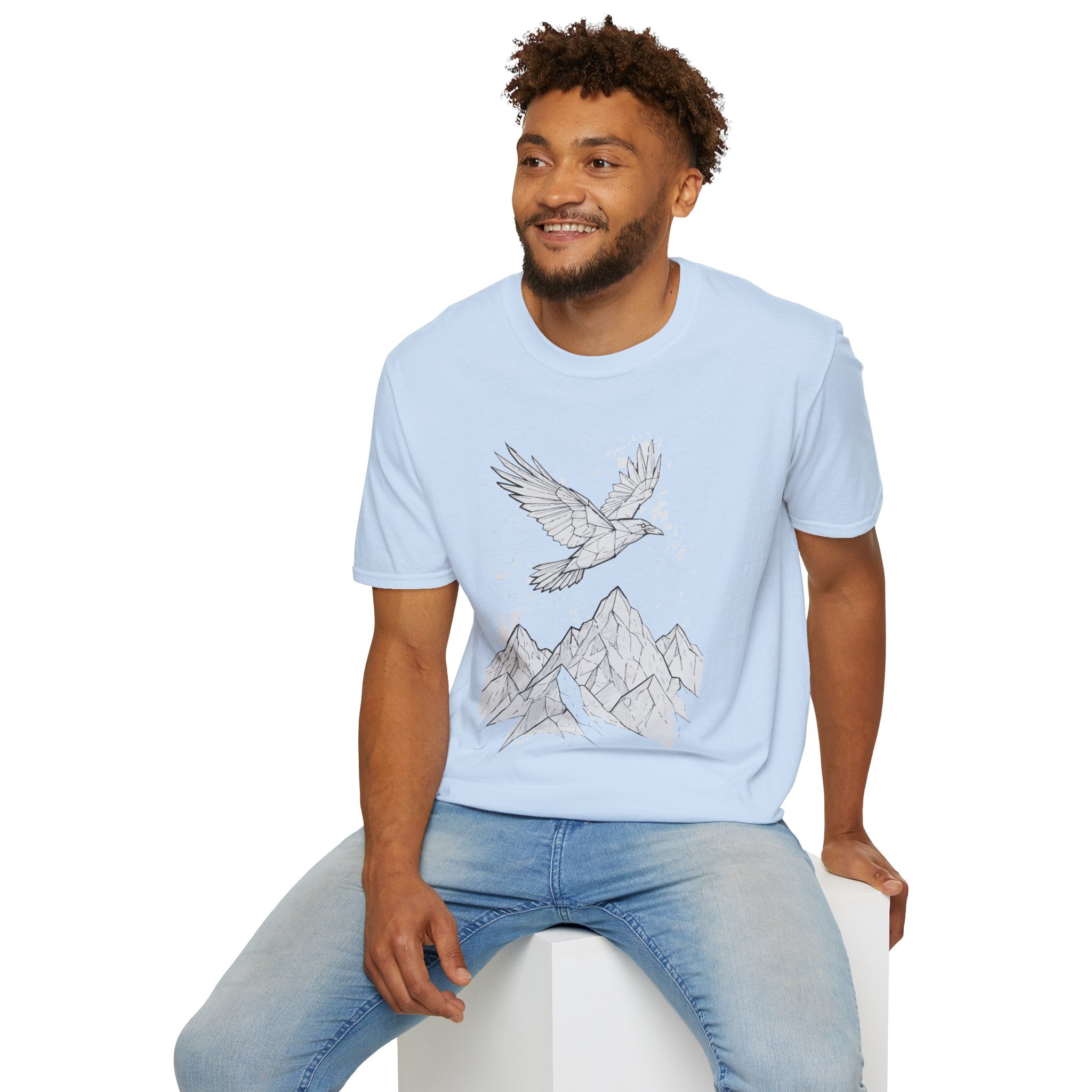 Mountain Raven Tee — Minimal Line Art Bird & Peaks Graphic T-Shirt