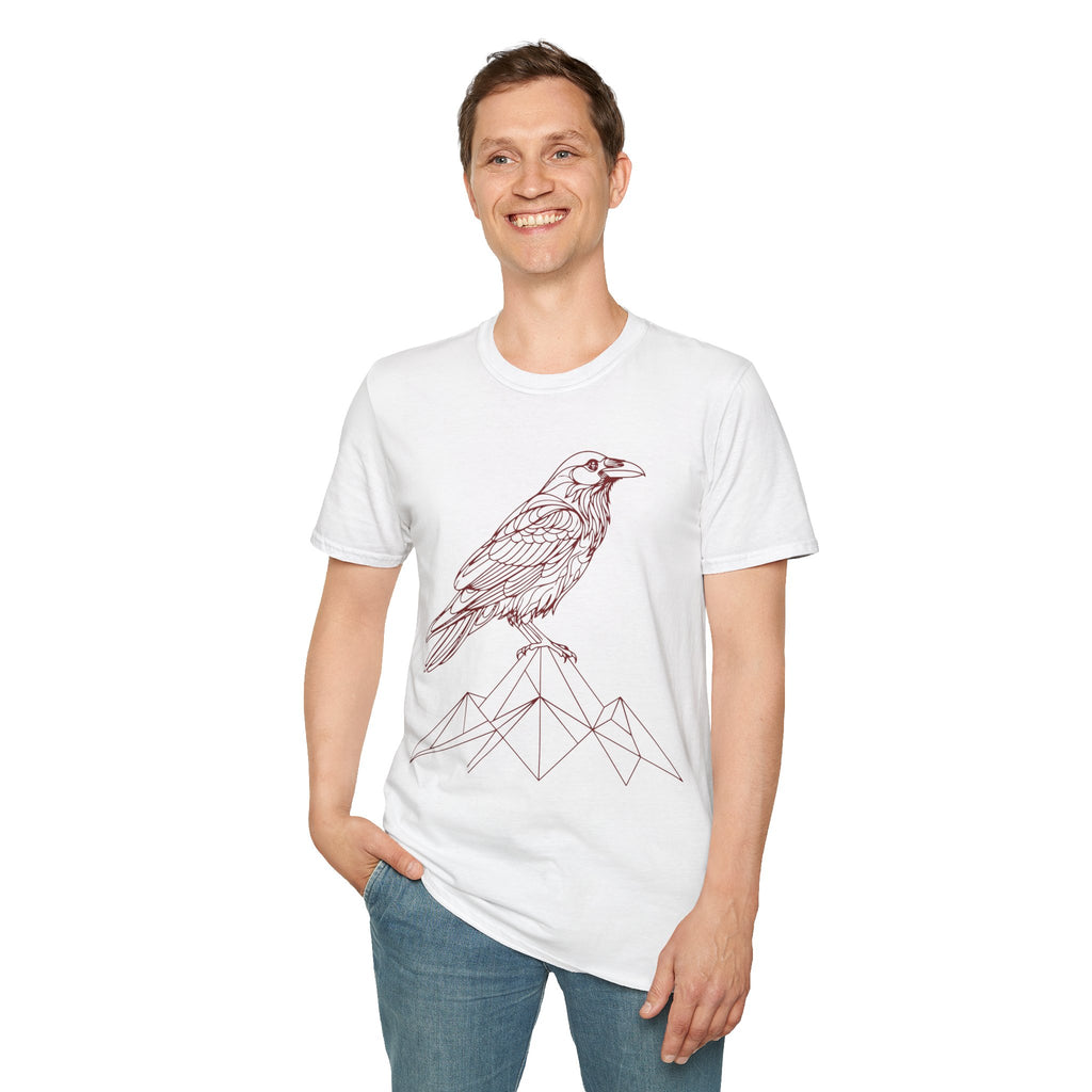 Raven Line Art T‑Shirt — Geometric Mountain Raven Sketch Tee