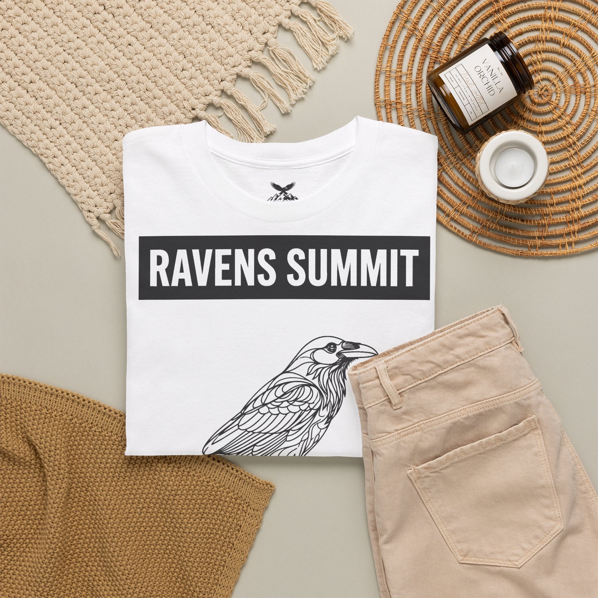 Raven Summit Tee — Minimal Mountain Raven Line Art Graphic T-Shirt