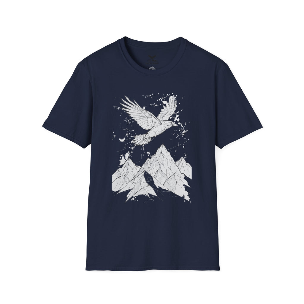 Mountain Raven Tee — Minimal Line Art Bird & Peaks Graphic T-Shirt